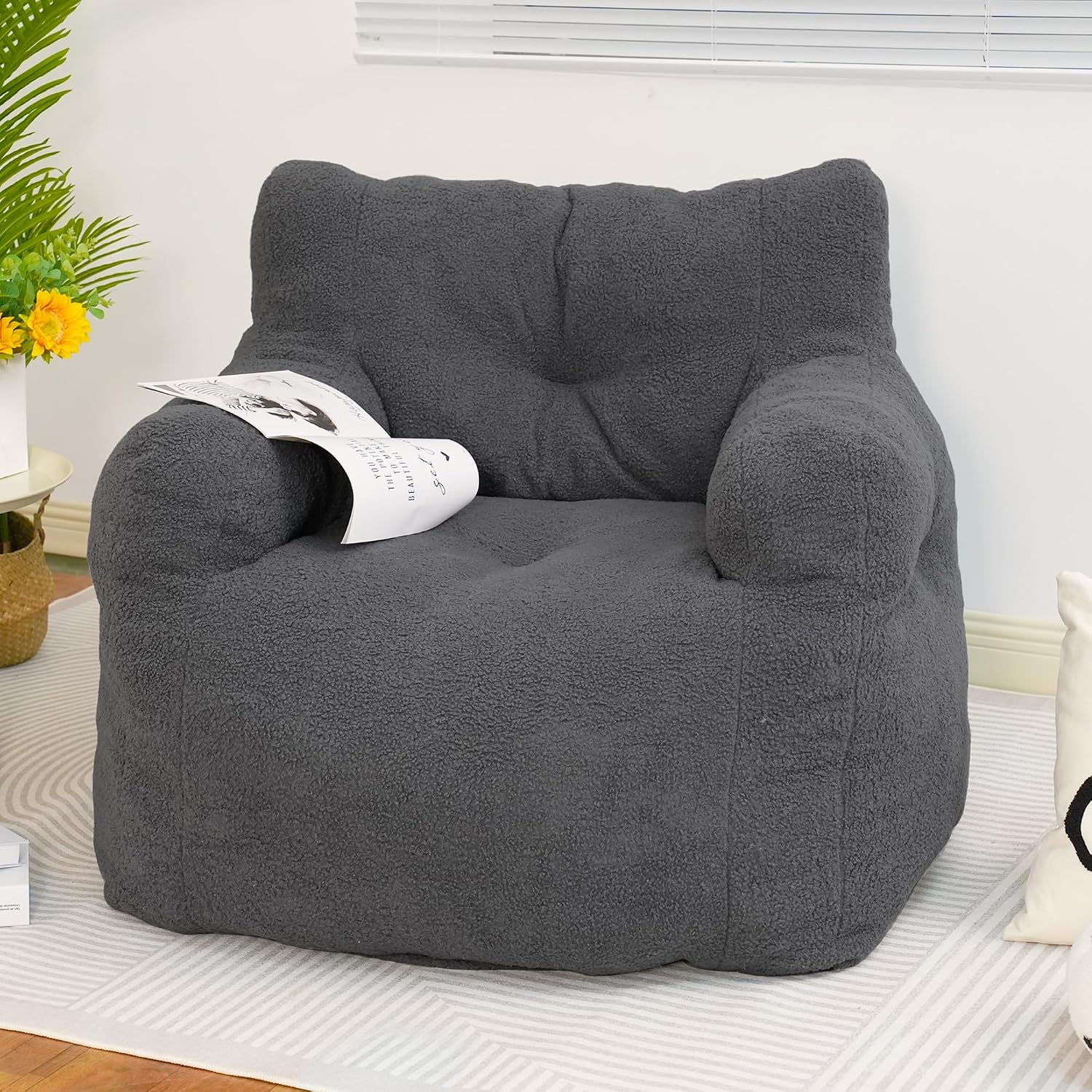 DKLGG Bean Bag Chairs for Adults, Giant Bean Bag Chair with Filler Included Faux Fur Bean Bag Sofa Memory Foam Large Bean Bag Chair with Armrest for Living Room, Bedroom, Gaming Room, Lounge, Grey
