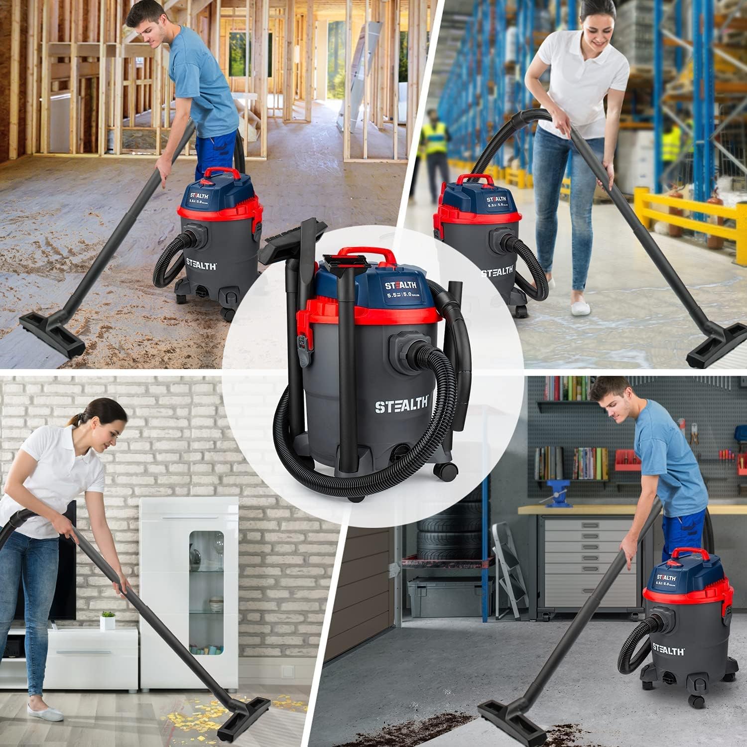Stealth Wet/Dry Vacuum 5 Gallon, 5.5 Peak HP Shop Vacuum with Blower & Drain Port for Home Clean, Garage Clean, Car Detailing, Workshop, ECV05P2 Small Shop Vac