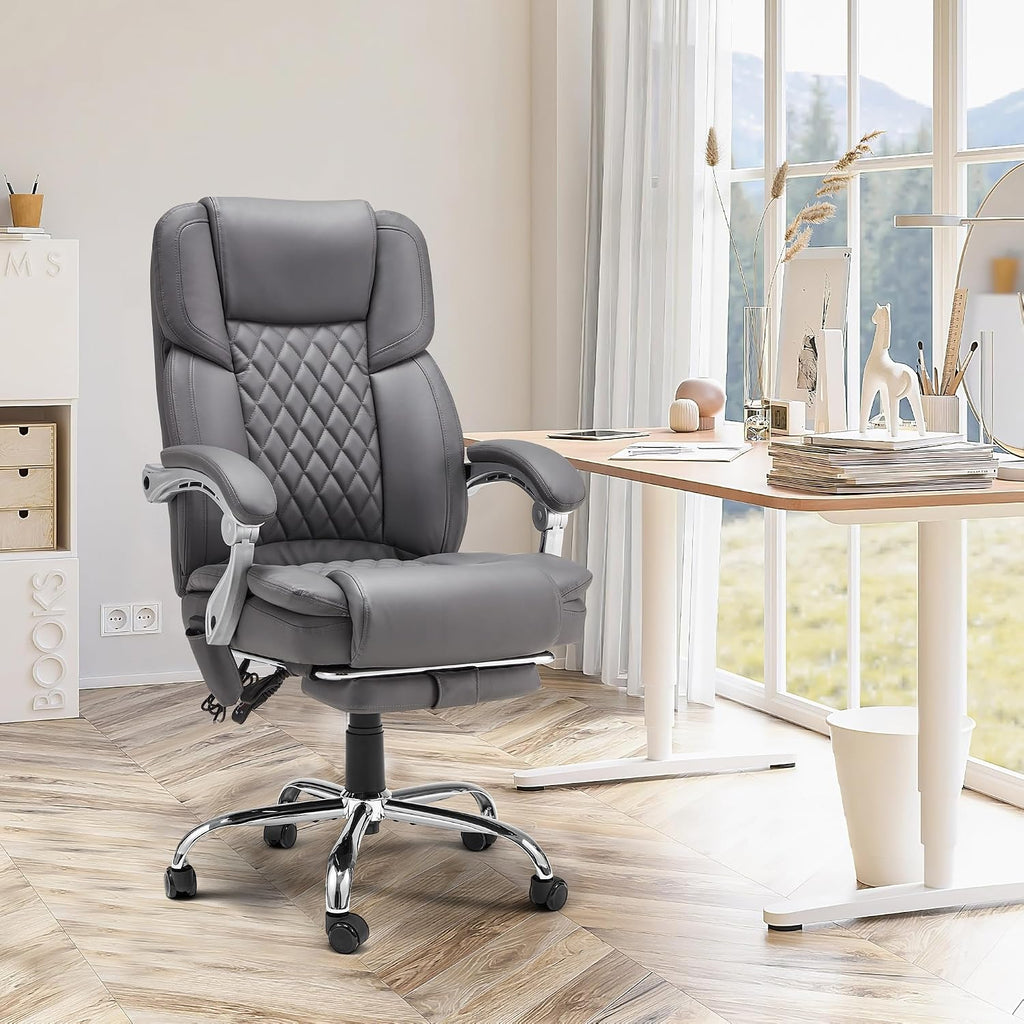 HOMREST 6-Point Massage Office Chair with Heat, Executive Office Chair with Footrest, Leather Computer Desk Chair with 135°Reclining Backrest for Home Office, Grey