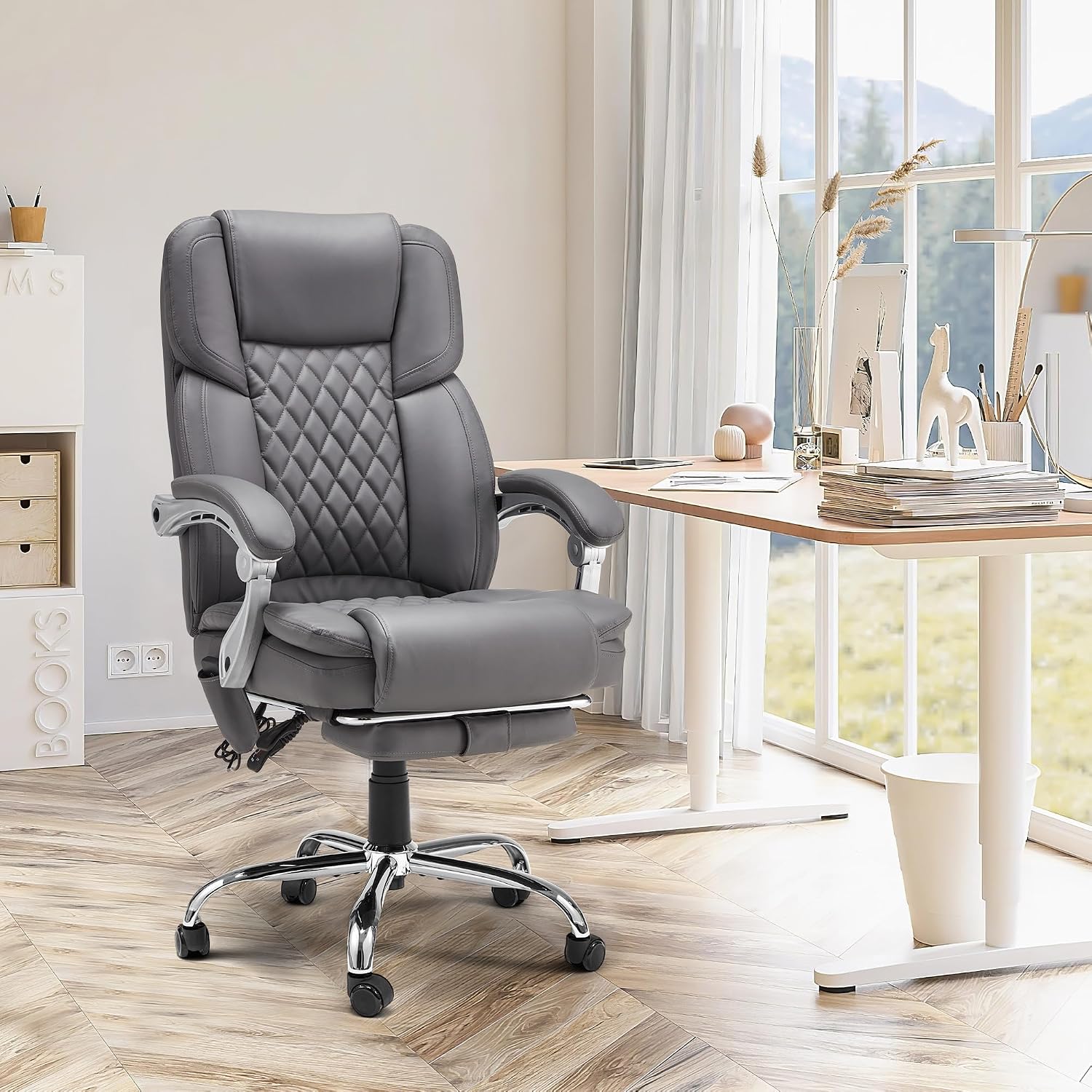 HOMREST 6-Point Massage Office Chair with Heat, Executive Office Chair with Footrest, Leather Computer Desk Chair with 135°Reclining Backrest for Home Office, Grey