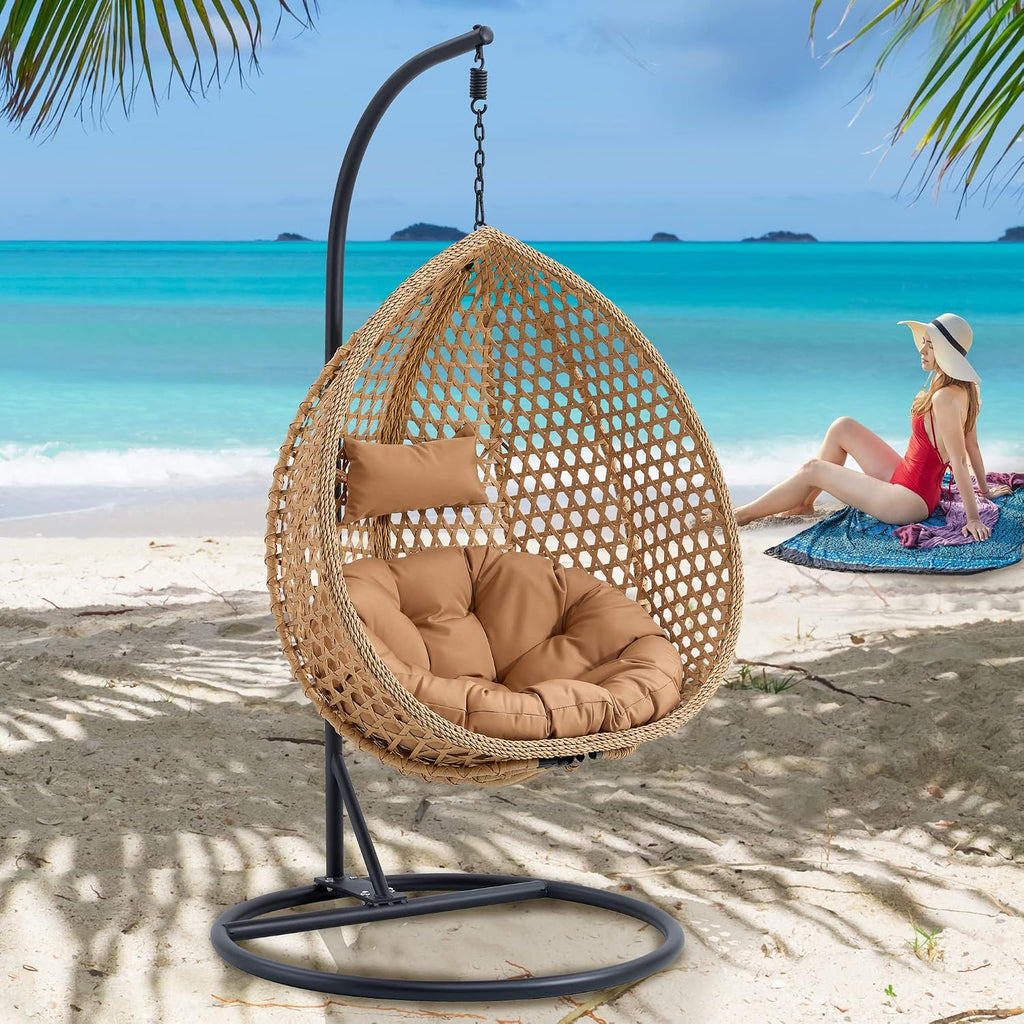 Egg Swing Chair with Stand,Swing Egg Chair with Stand, Rattan Hanging Egg with Soft Cushion, Outdoor Hanging with Foldable Basket & Metal Stand for Bedroom Patio (Light Brown)