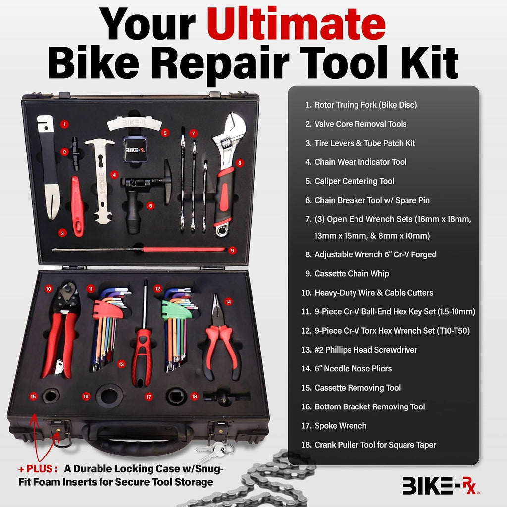 Elite 37-Piece Bike Tool Kit – Bicycle Repair & Maintenance Set for Mountain, Road, BMX & E-Bikes, w/Chain Breaker, Tire Repair Tools & Locking Hard Case