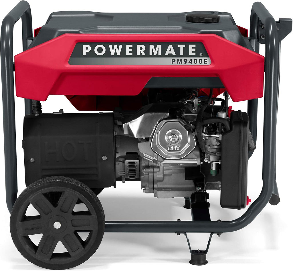 Powermate PM9400E 9,400-Watt Gas-Powered Portable Open Frame Generator - Electric Start - Quiet Operation - Ideal for Home and Outdoor Activites - Engine Powered by Generac - Red/Black