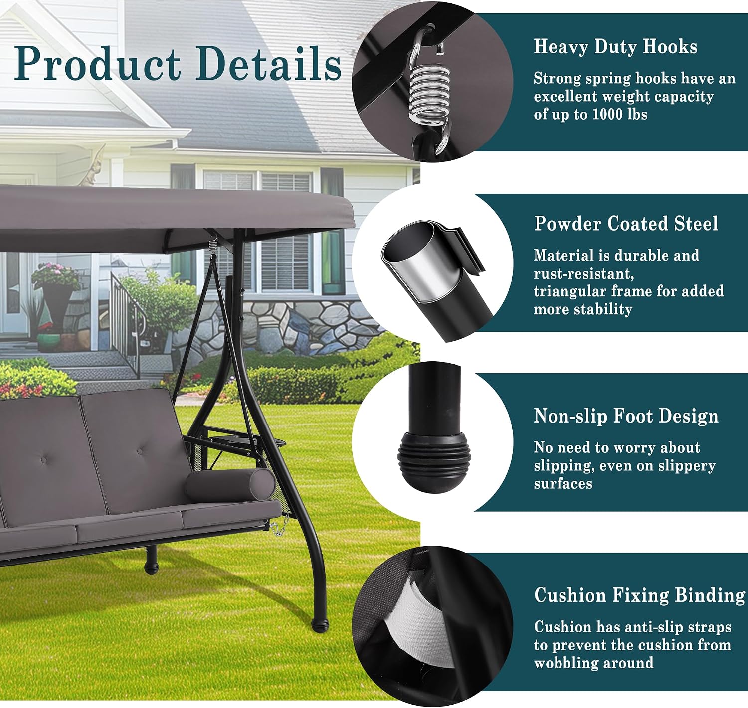 MAGIC UNION 3-Seat Outdoor Patio Swing with Stand, 3 in 1 Porch Swings with Adjustable Canopy, Upgraded Pillows Cushions and Foldable Cup Holders for Backyard, Porch, Garden(Gray)