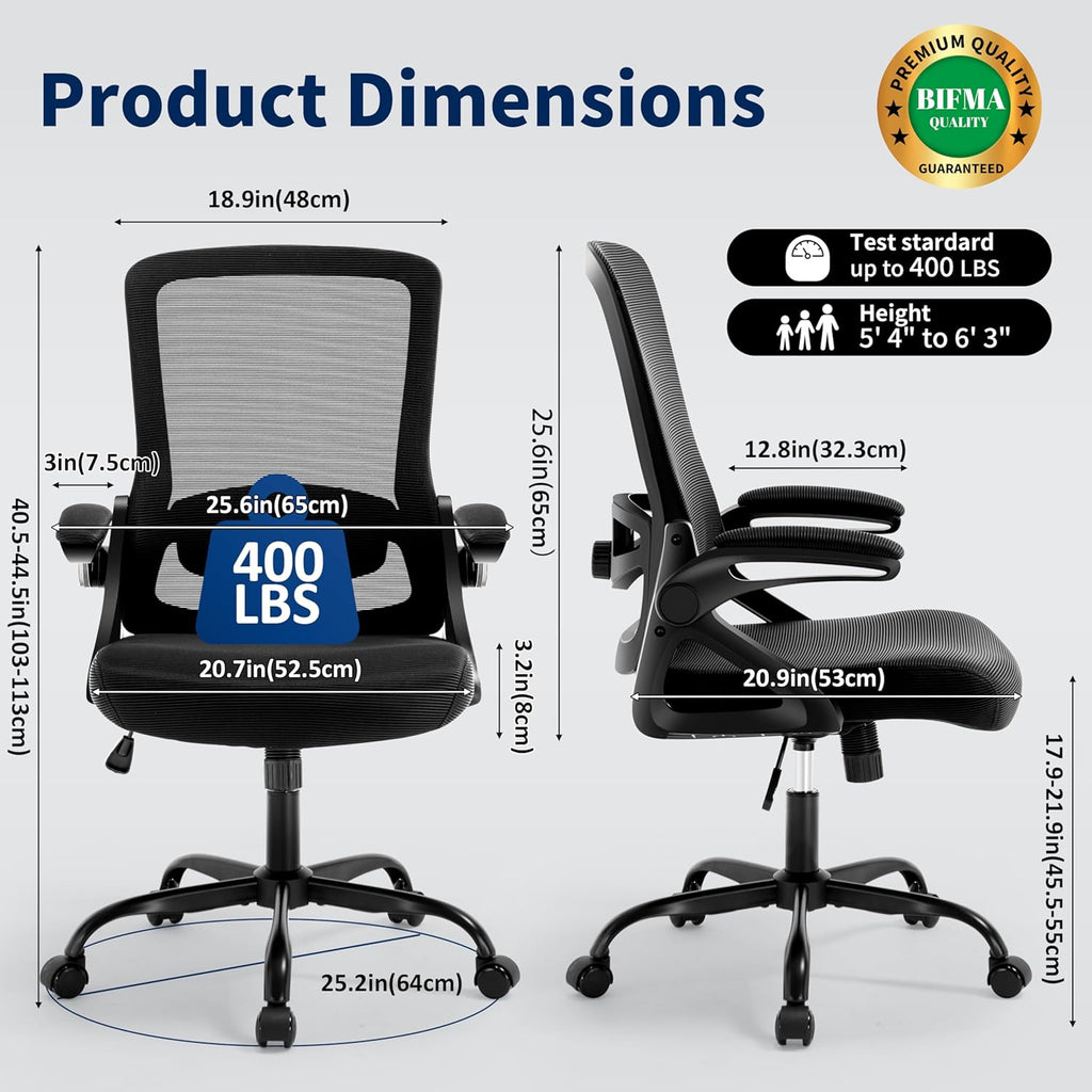 Ergonomic Office Chair, Desk Chair with Adjustable Lumbar Support, Breathable Mesh Comfy Computer Chairs with Flip-up Armrests Executive Task Chair for Adults Home Office (6Pcs)