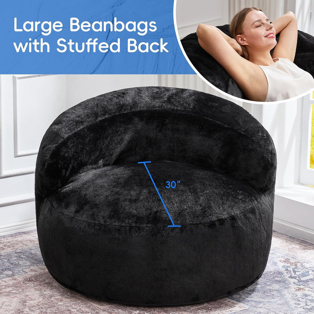 Hobestluk Bean Bag Chair Giant Bean Bag Chairs for Adults Big Bean Bag Chair with Memory Foam Filler Adults Large Beanbag with Faux Fur Cover for Bedroom(Plush Black,Oversize)