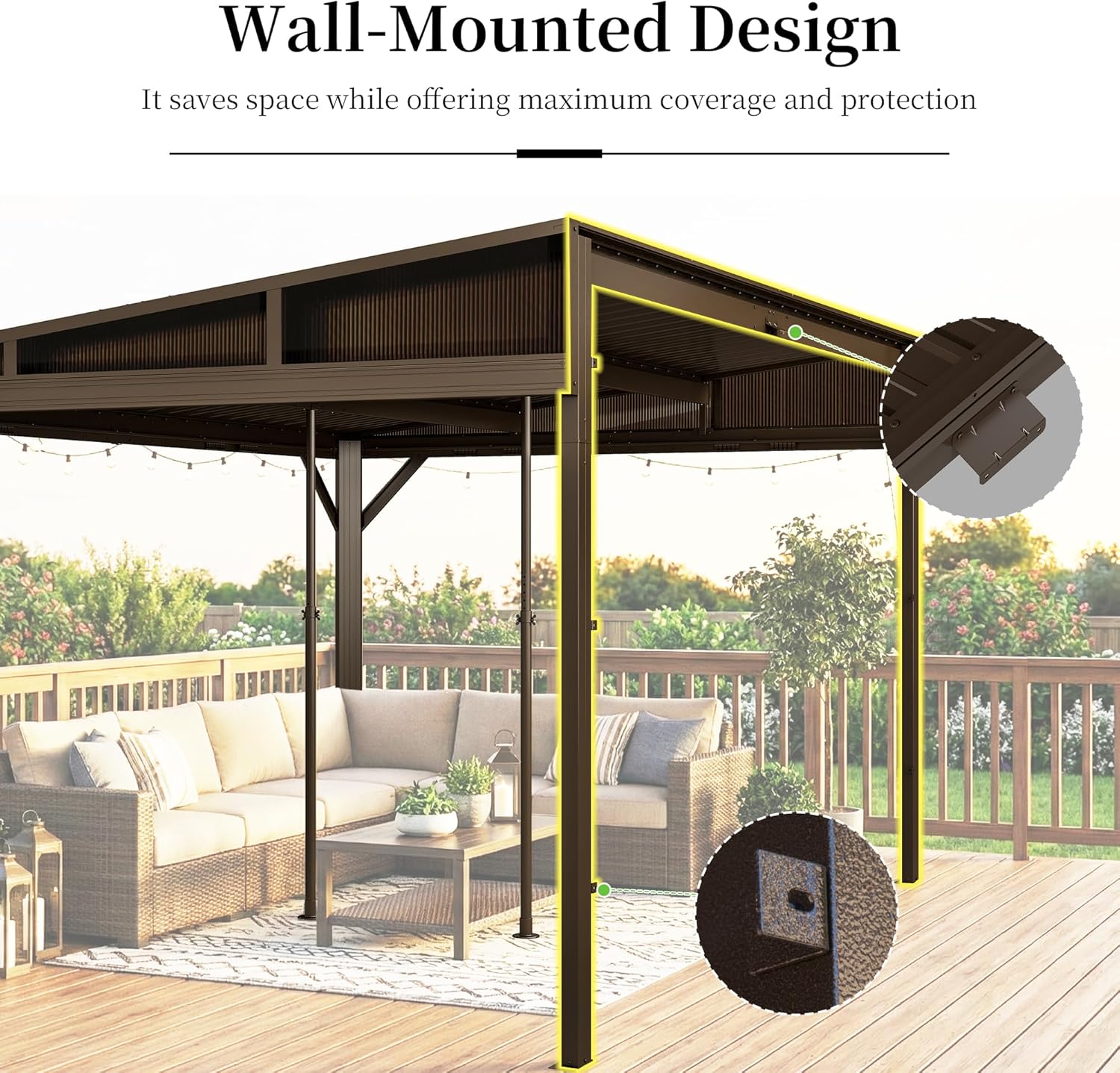 Domi 12x20FT Lean to Gazebo, Outdoor Hardtop Wall Mounted Gazebo with Sloping Galvanized Steel Roof, Aluminum Frame Mounted Pavilion with Netting and Curtain Included for Deck, Porch, Backyard