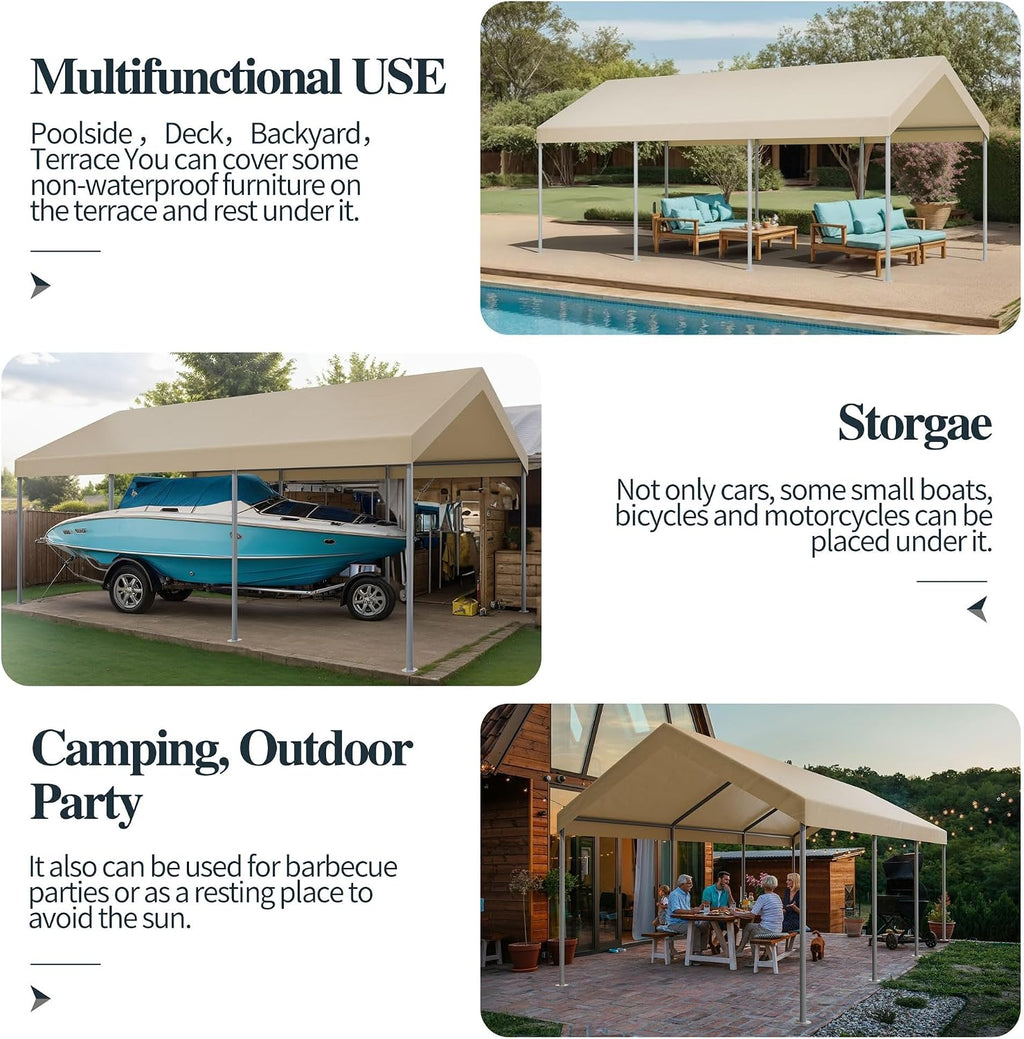 Shintenchi 10x20ft Heavy Duty Carport with UV&Wind Resistant Canopy,Portable Carport Garage Shelter with Stable Powder-Coated Steel Frame,Outdoor Carports for Car,Bike,Camp,Storage(Khaki)