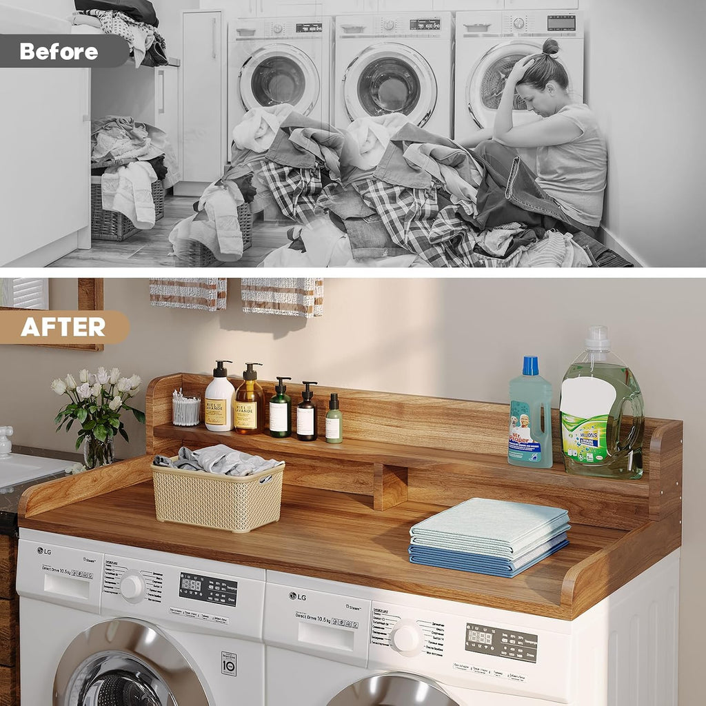 2-Tier Washer Dryer Countertop with 2.75' H Edge Rails, 58' W x 28' D Laundry Countertop for Folding Clothes, Washer and Dryer Topper with Non-Slip Pad (Dark Walnut)