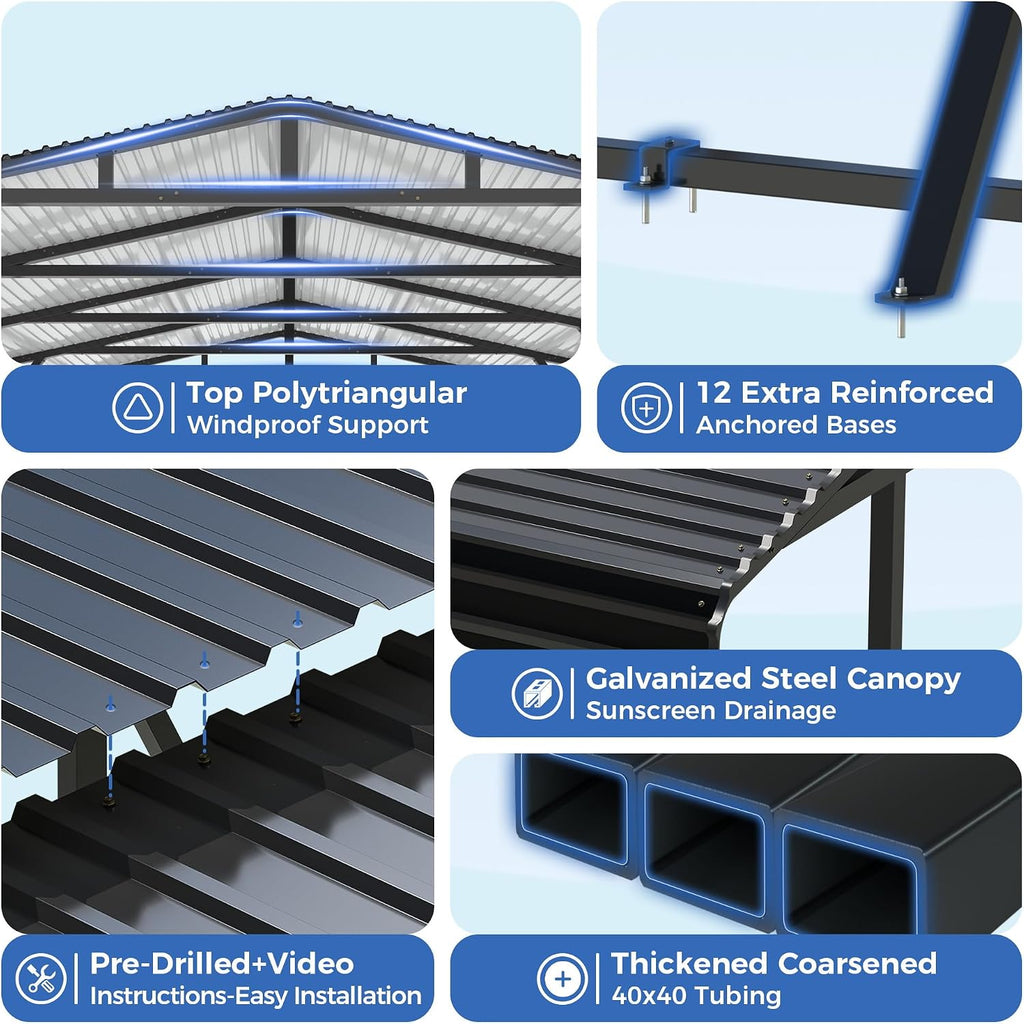 AirWire 20'x20' Heavy Duty Carport Canopy for 2 Car, Metal Car Port Garage with Galvanized Steel Roof and Reinforced Stable Triangle Frame Base, Large Car Tent Shelter for Car, Pickup, Tractor, Boat