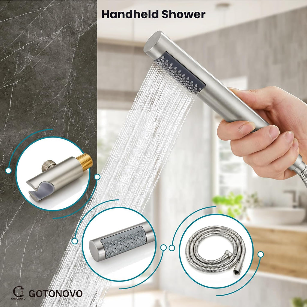 gotonovo Shower System 10 Inch Round Rainfall Showerhead Wall Mounted High Pressure Shower Faucet Set Fixture Combo with Rough in Valve and Cylindrical Handheld Spray, Brushed Nickel
