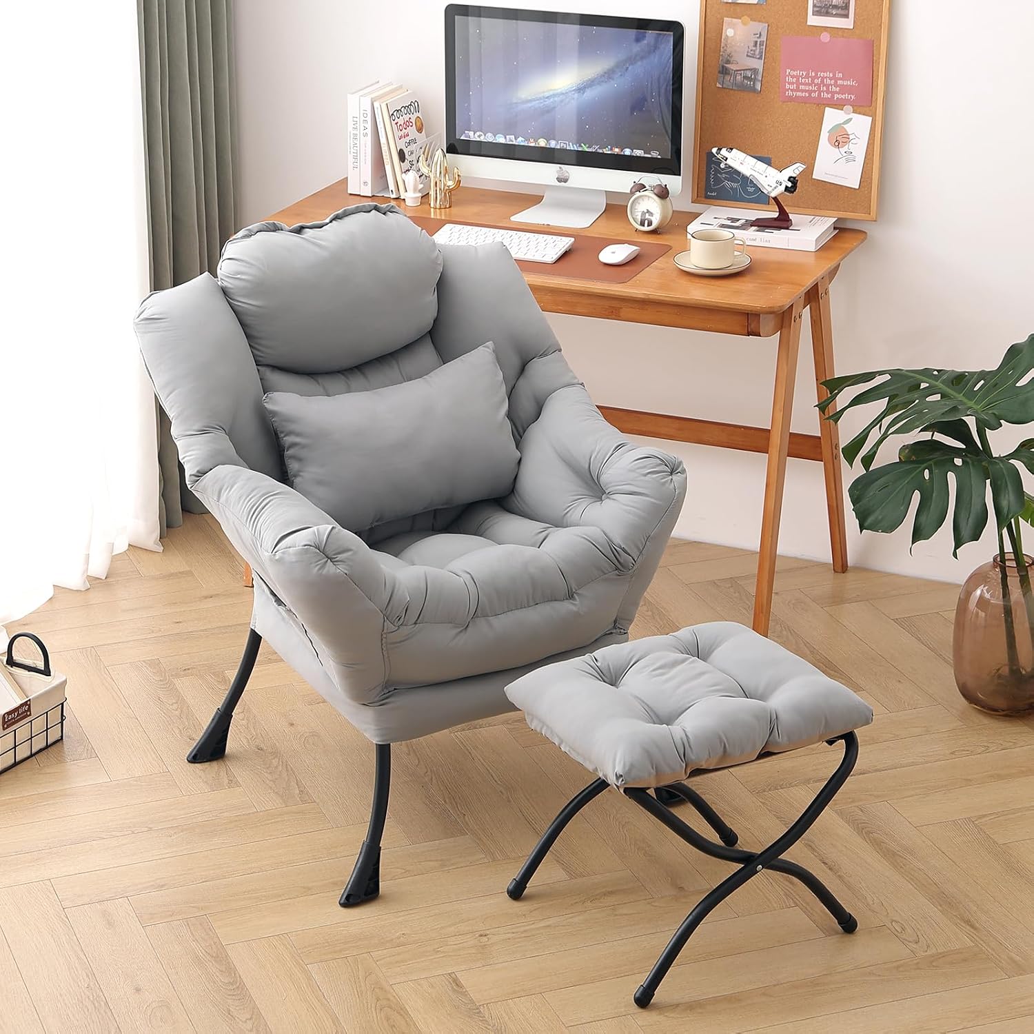 Lazy Chair with Ottoman, Modern Accent Chair with Lumbar Pillow, Grey Sofa, Armchairs with Folding Footrest, Oversized Supportive Chairs for Bedroom, Reading