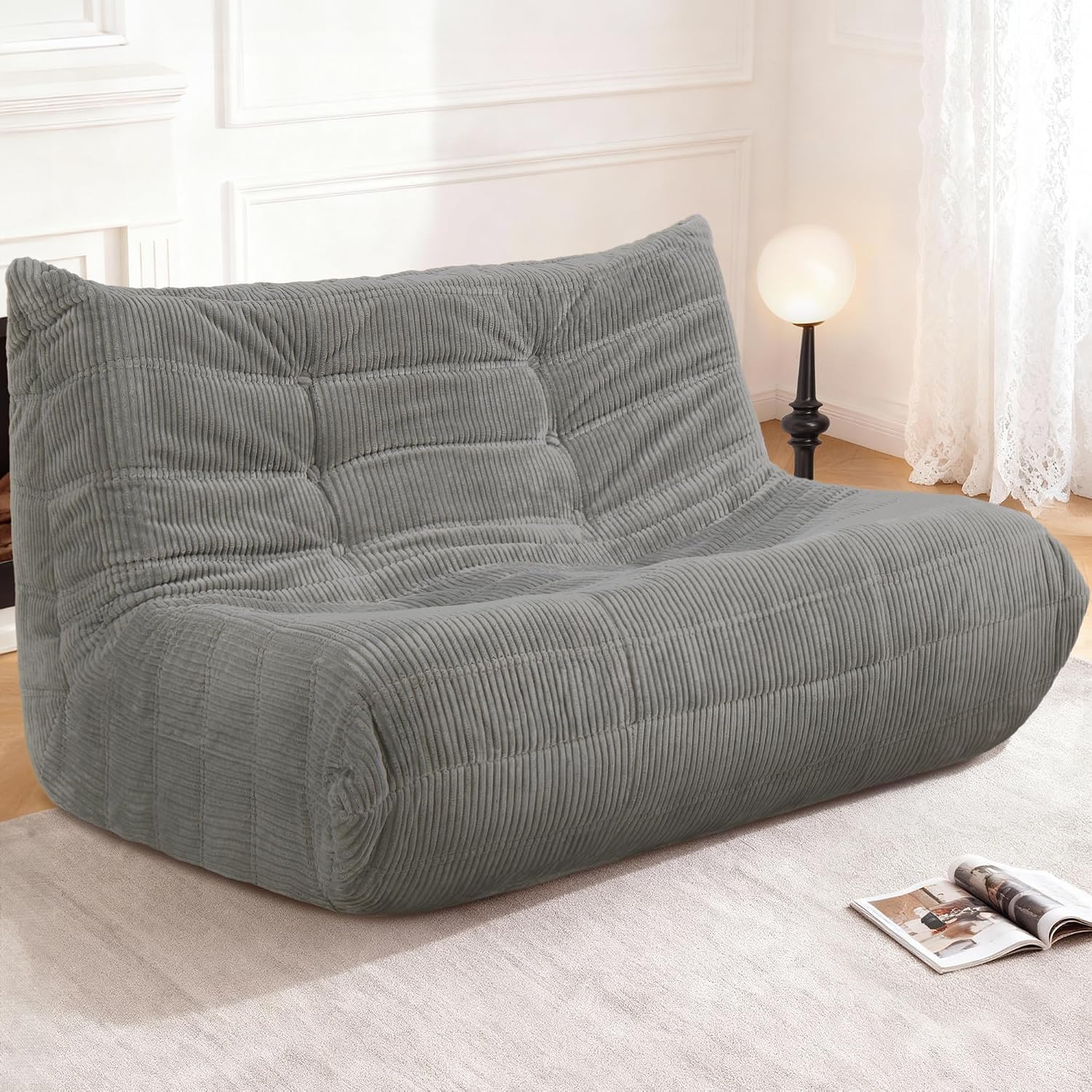 Bean Bag Chair,Giant Beanbag Chairs for Adults,Comfy Large Fireside Chair Lazy Sofa,Corduroy Bean Bag Lounger with Memory Foam Filled,Floor Sofa Couch for Living Room (Light Grey, Loveseat)