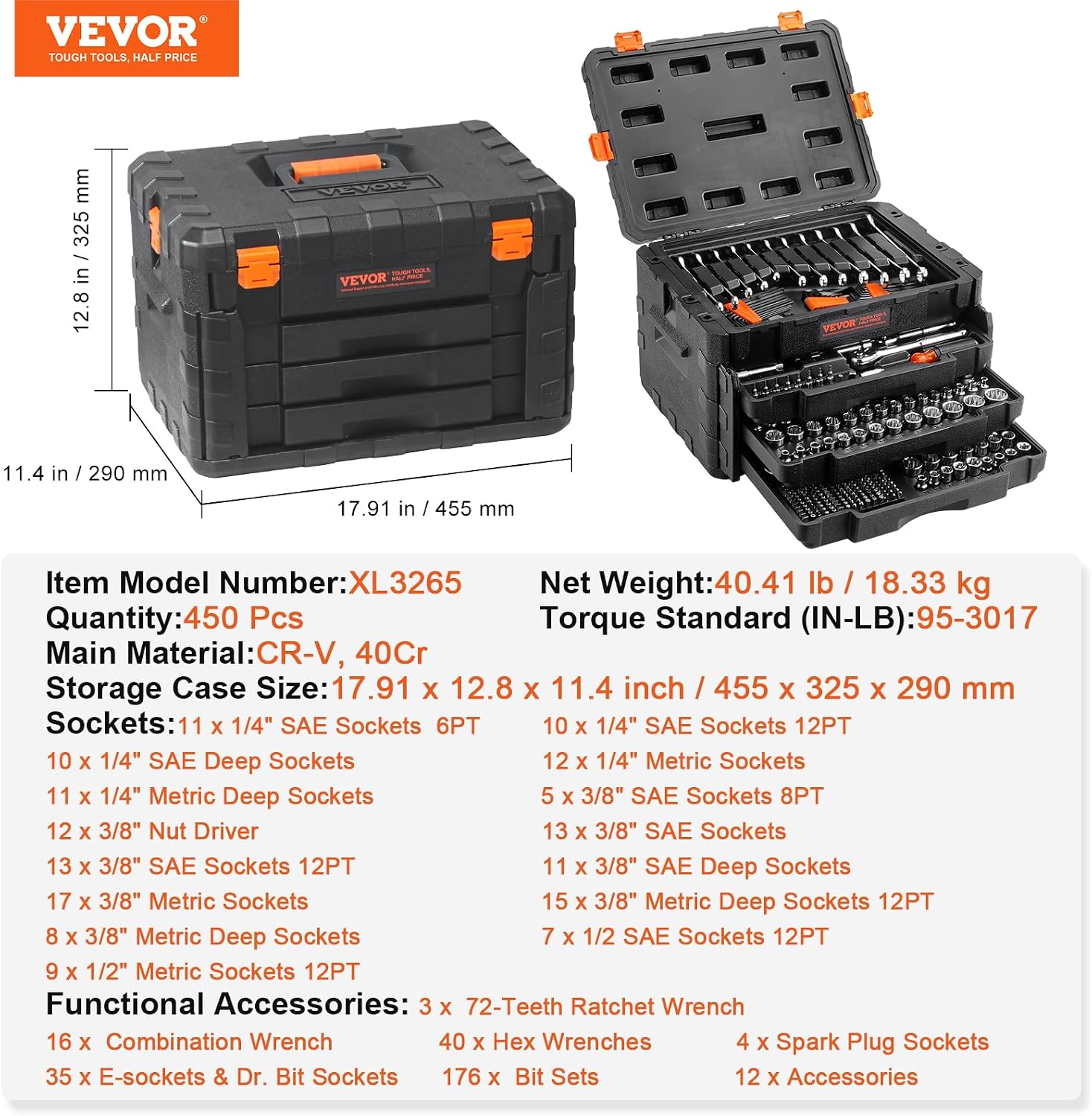 VEVOR Mechanics Tool Set and Socket Set, 1/4' 3/8' 1/2' Drive Deep and Standard Sockets, 450 Pcs SAE and Metric Mechanic Tool Kit with Bits, Hex Wrenches, Combination Wrench, Accessories, Storage Case