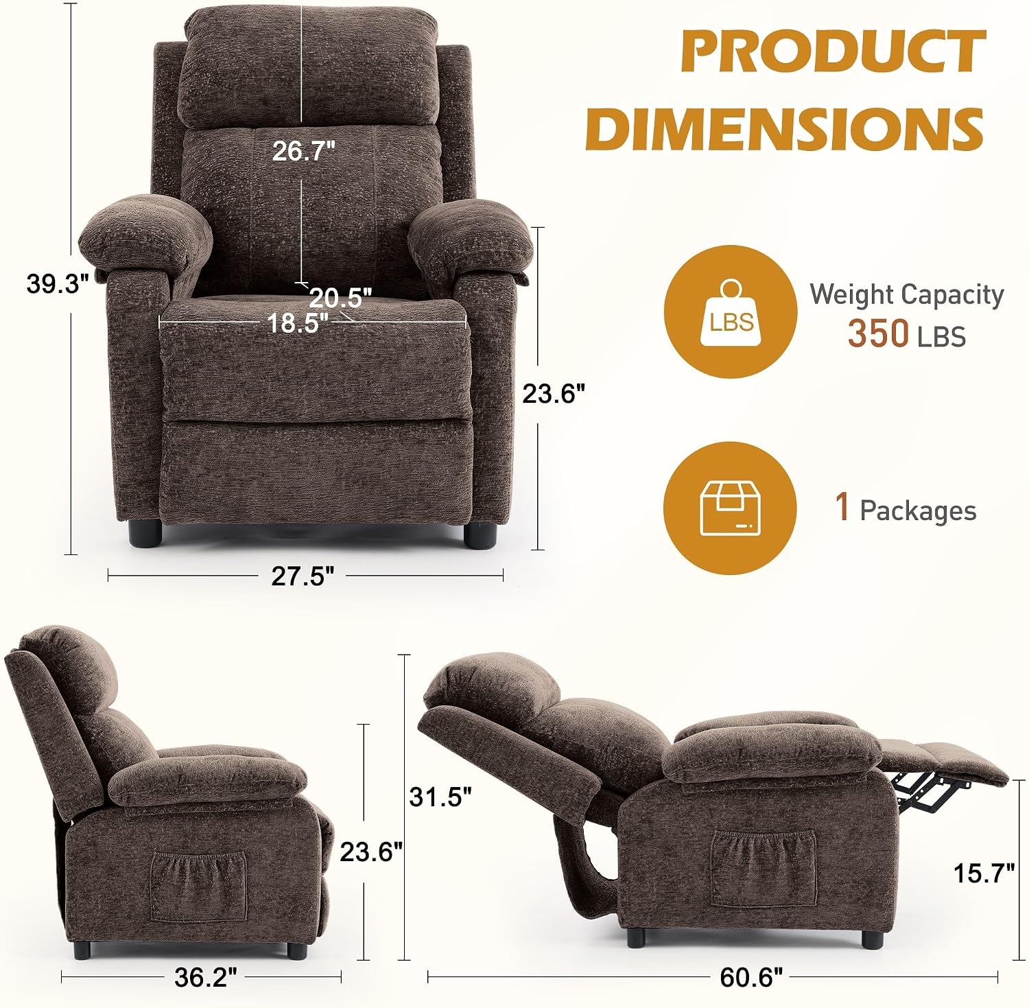 Korser Recliner Chair, Living Room Chairs for Adults, Padded Deep Seat Reading Chair with Side Pockets, Small Recliners for Small Spaces, Lounge Chair for Living Room, Bedroom, and RV (Chenille)