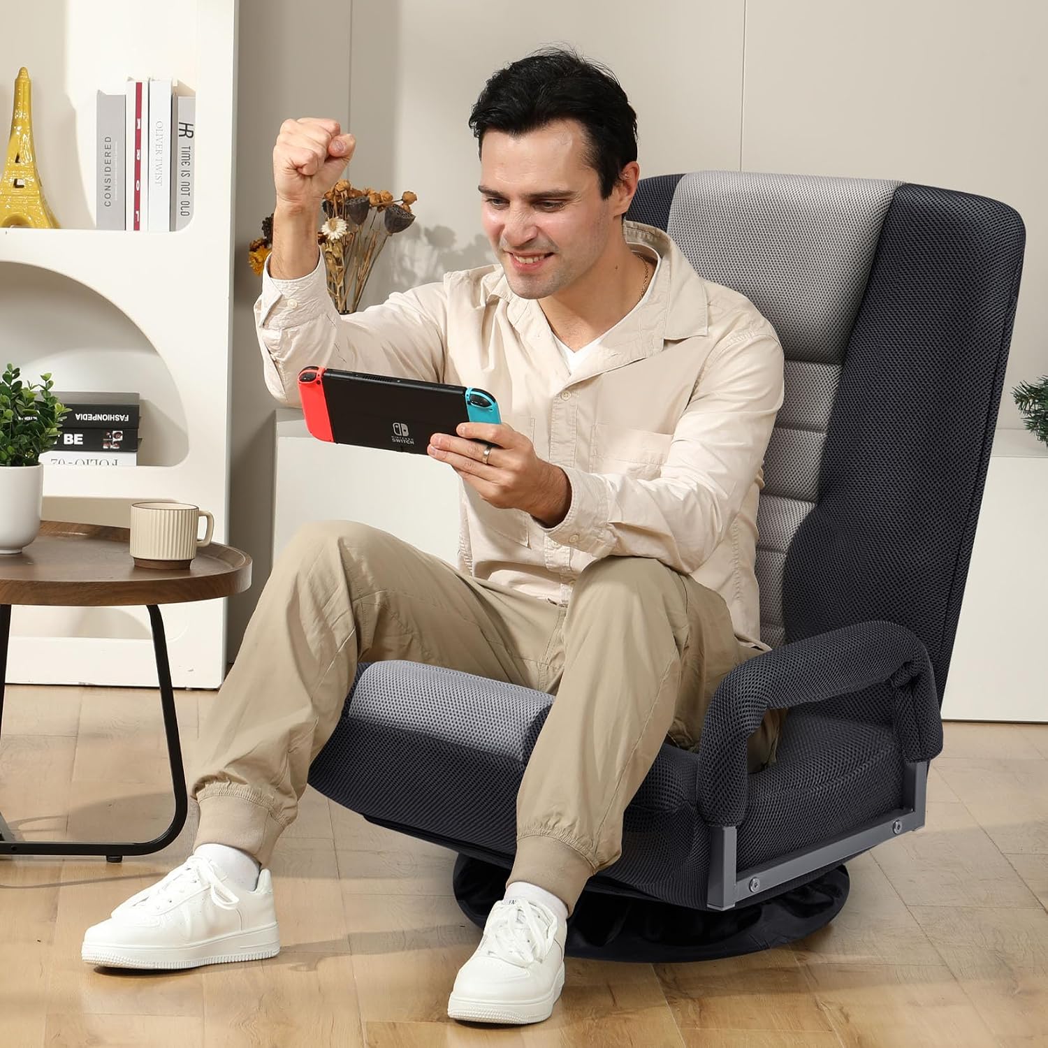 Swivel Gaming Chair Multipurpose 2PACK Floor Gaming Chair for Playing Video Games, TV, Reading w/Armrest Lumbar Support & 6 Adjustable Postion Backrest for Adults,Grey