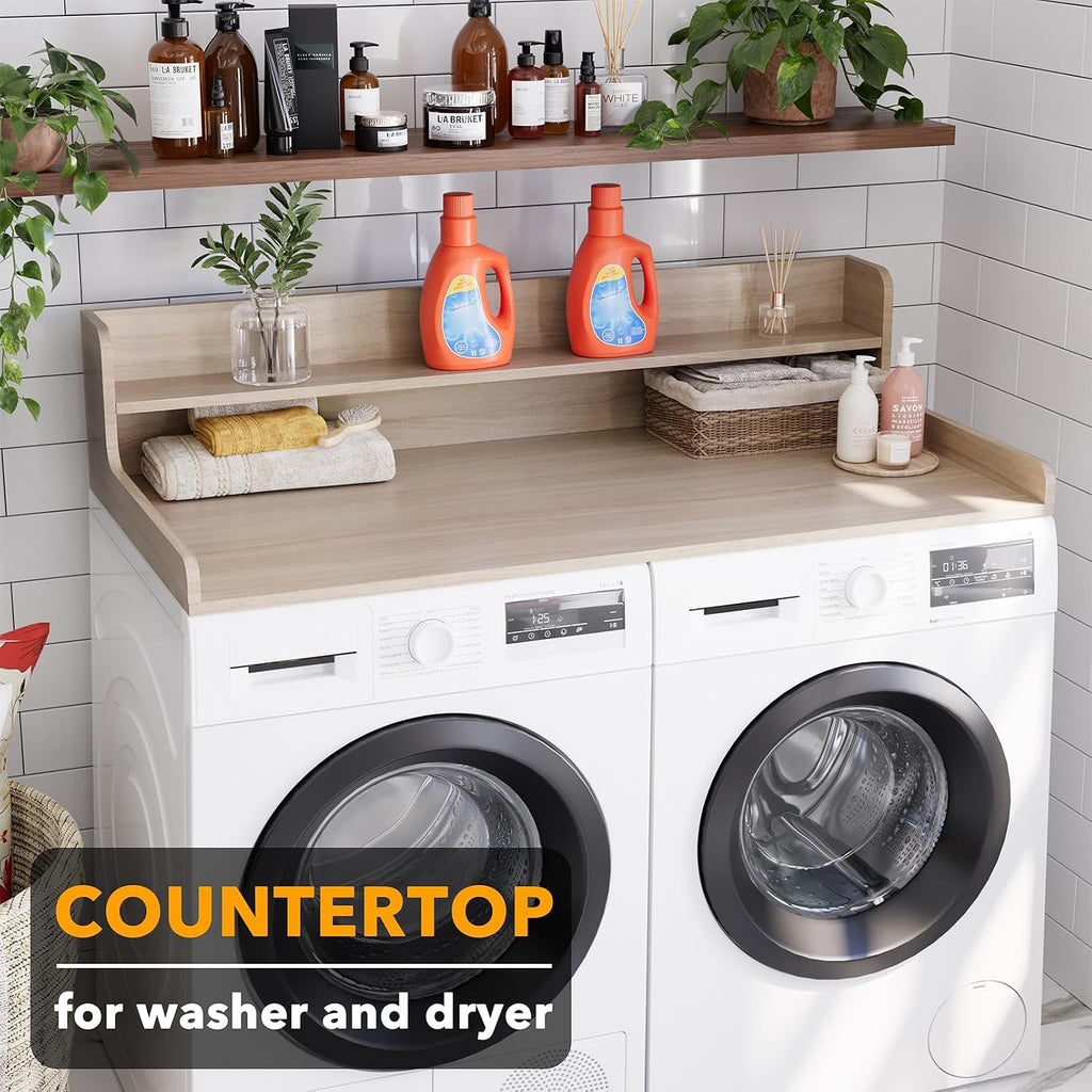 SpaceAid Washer Dryer Countertop with 2-Tier Shelf, Wood Topper with Edge, 54' Width x 27.5' Depth Cover Organizer Guard for Washer and Dryer Counter Laundry Hamper Storage (Oak)