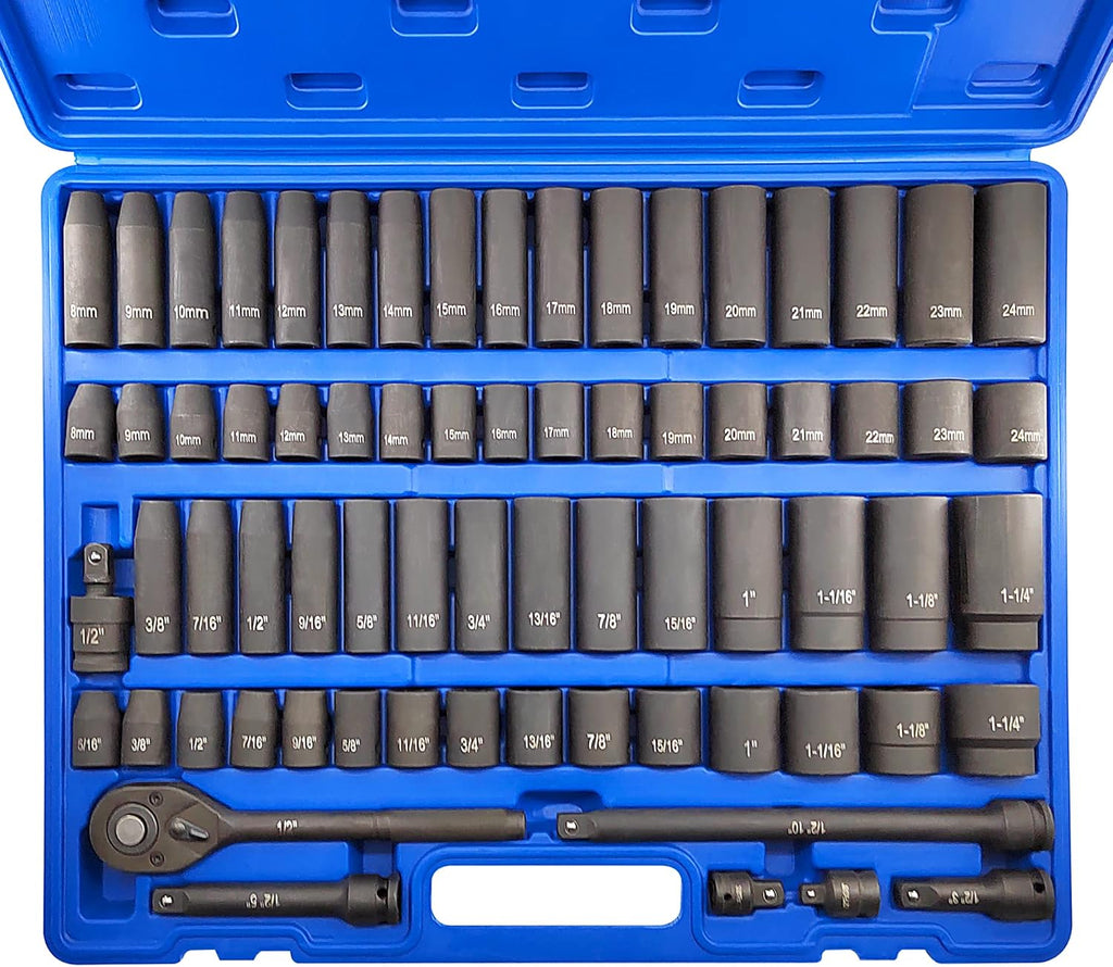 70pcs 1/2' Drive Impact Socket Set, Cr-V Steel, SAE & Metric, Standard/Deep Sockets with 72 Teeth Ratchet Handle, Extension Bar, and Adapters
