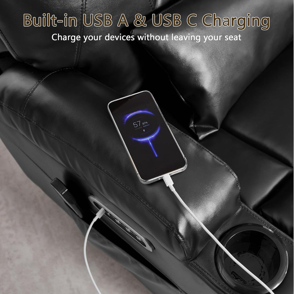 Dual Motor Power Swivel Rocker Recliner Chair with Heat and Massage,Electric Glider Rocking Chairs for Nursery,Theater Seating with LED Lights, USB A/USB C Ports for Living Room (1, Black)