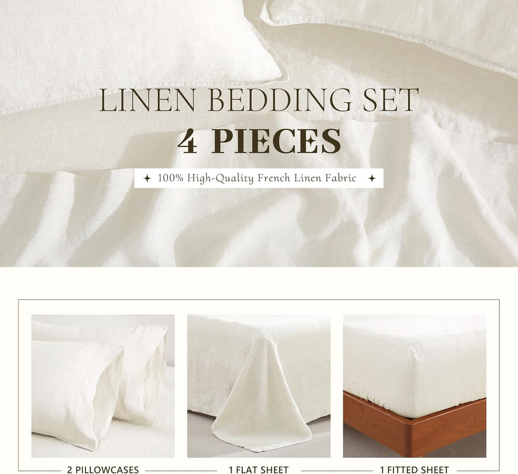 100% French Linen Sheets Set Cal King Size-4Pcs Natural Washed Flax Bed Sheets Soft Breathable and Durable- 1 Flat Sheet 1 Fitted Sheet 2 Pillowcases (Cream White, Cal King)