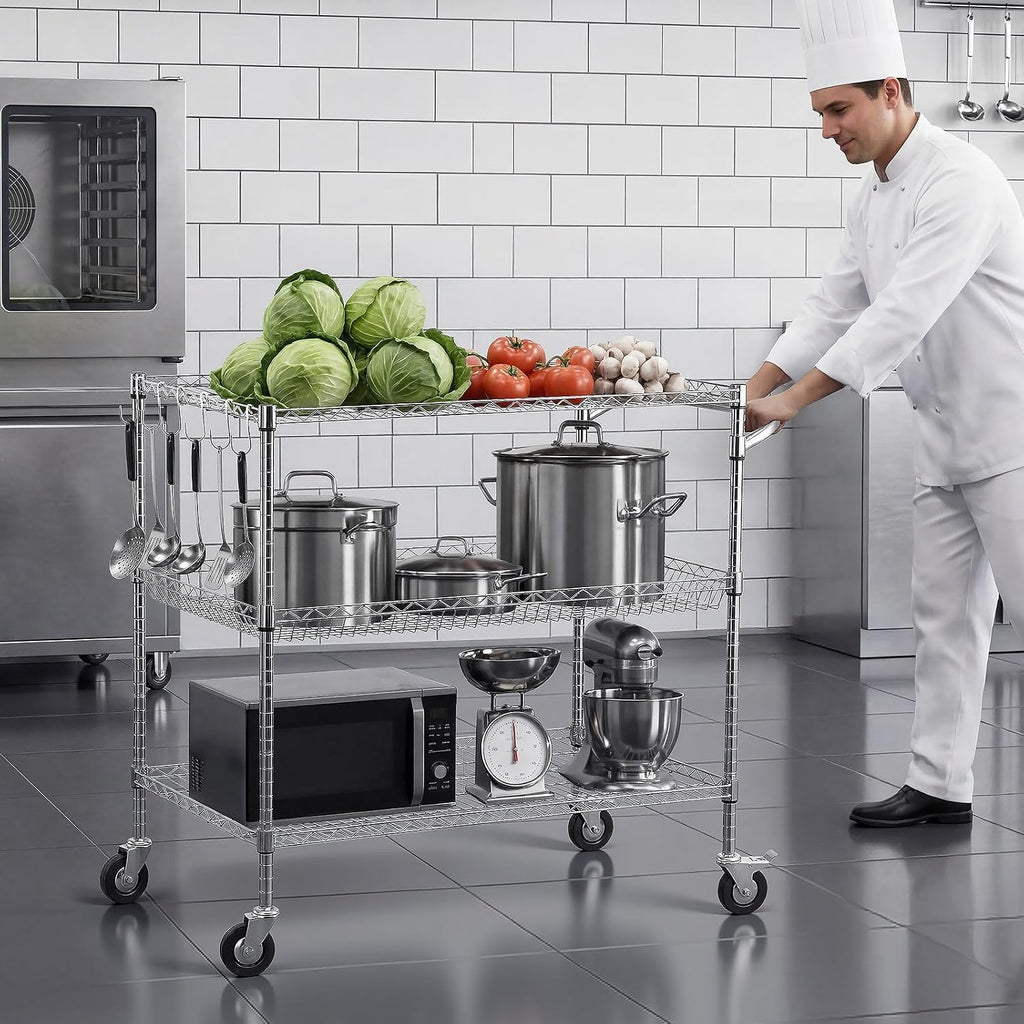 VEVOR Kitchen Utility Cart, 3 Tier Heavy Duty Adjustable Wire Storage Rack, Commercial Steel Rolling Service Trolley on Wheels, Work Table with Handle Bar, for Garage and Laundry Room, 40x25x40.9 in