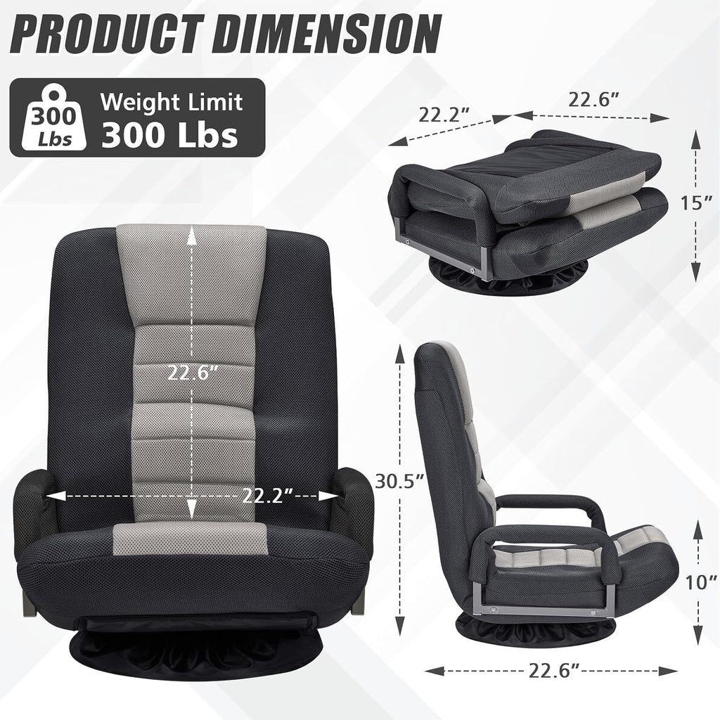 Swivel Gaming Chair Multipurpose 2PACK Floor Gaming Chair for Playing Video Games, TV, Reading w/Armrest Lumbar Support & 6 Adjustable Postion Backrest for Adults,Grey