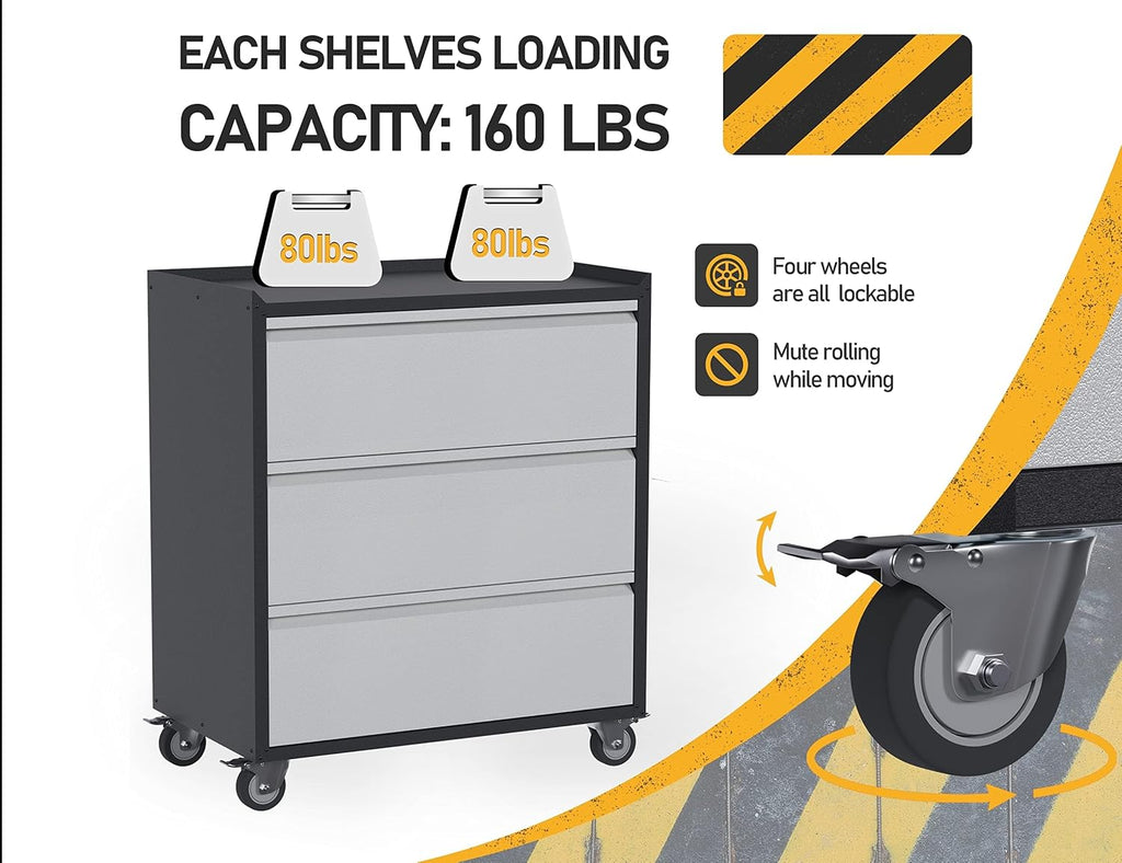 3 Drawer Garage Storage Cabinet on Wheels, Small Metal Tool Cabinet with Drawers, Tool Chest for Home, Office, Workshop, Utility Room, Assembly Required, Black/Gray