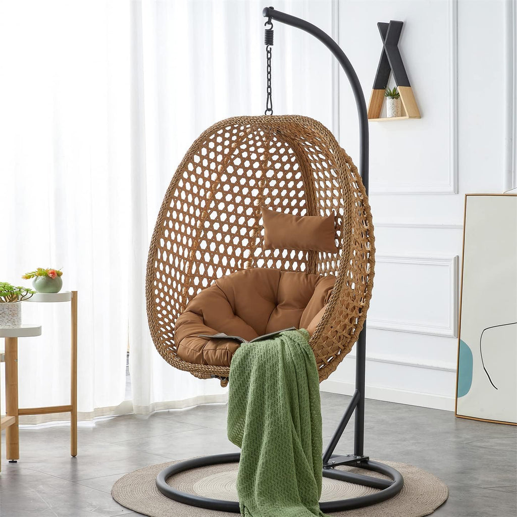 LKTART Egg Swing Chair with Stand Rattan Hanging Egg Chair with Cushions and Pillow Relaxing Chair Foldable Basket & Metal Stand Indoors or Outside