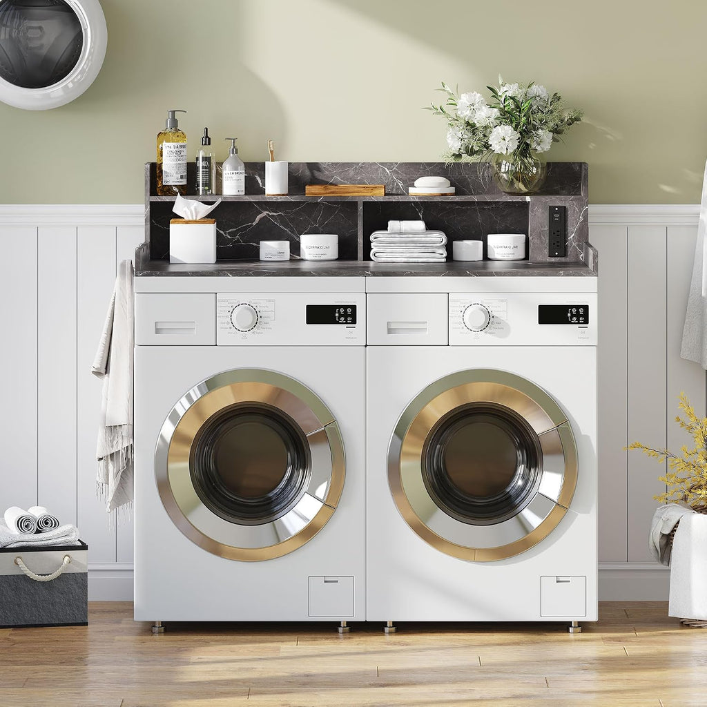 Upgraded 2-Tier Washer and Dryer Countertop with Power Outlet,54' W x 27.6' D Large Laundry Countertop for Fold Clothes, Laundry Topper with Non-Slip Pads & Metal Hooks and Storage Basket