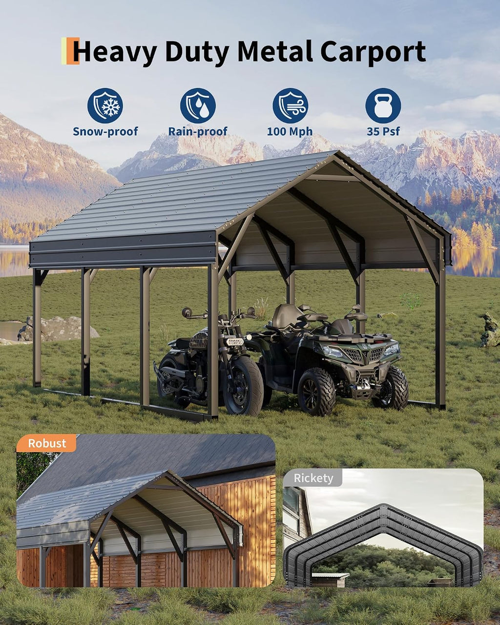 GarveeLife 12x13 ft Metal Carport Shed, Reinforced Frame and Steel Roof for All-Weather Use, Permanent Shelter for Cars, Motorcycles, ATVs, or Boats