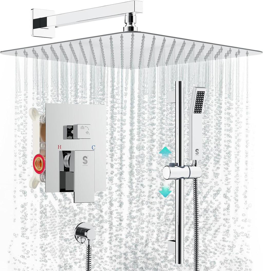 SR SUN RISE 12 Inch Slide Bar Shower System, Square Rain Shower Head and Handheld Spray, Wall Mounted Shower Faucets Sets Complete Included Valve and Shower Trim Kit, Polished Chrome