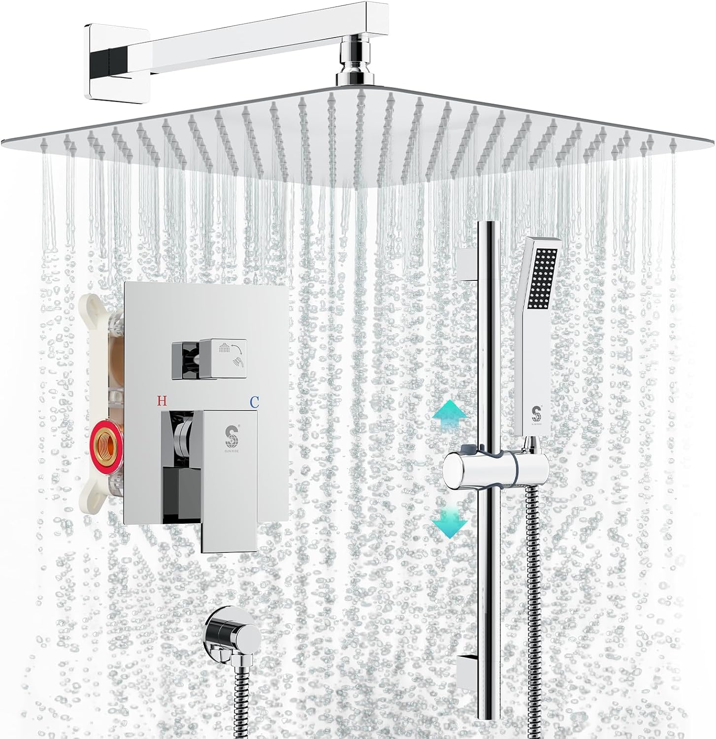 SR SUN RISE 12 Inch Slide Bar Shower System, Square Rain Shower Head and Handheld Spray, Wall Mounted Shower Faucets Sets Complete Included Valve and Shower Trim Kit, Polished Chrome
