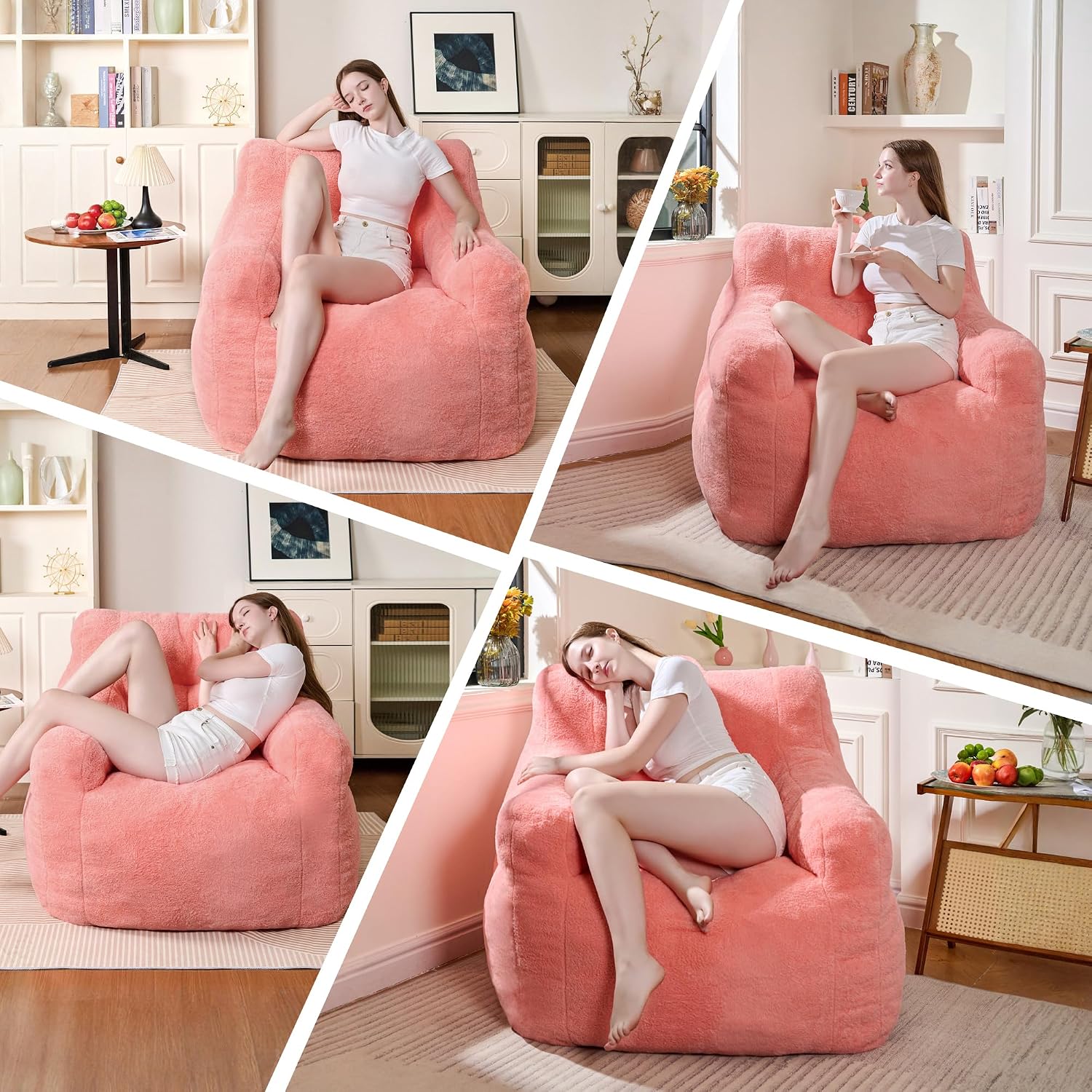 Cvortll 37' Bean Bag Chairs Large Bean Bag Couch for Adults Stuffed Sofa Chair Comfy Giant Bean Bag Chair - Plush Faux Fur Cover, for Reading, Playing or Relaxing (Pink)