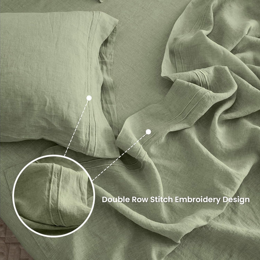Simple&Opulence 100% Linen Sheet Set 4 Pieces Natural France Flax Bed Sheet (1 Flat Sheet, 1 Fitted Sheet, 2 Pillowcases) Breathable Luxury Hotel Bedding - Embroidery Sage Green, Queen Size