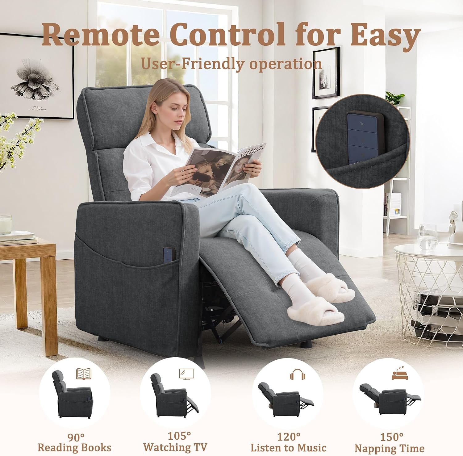 Korser Power Recliner Chair for Living Room, Electric Recliner Chairs for Adults, Comfy Recliners with Side Pockets & One-Touch Adjustment, Cashmere Reclining Chair for Reading, Bedroom, Lounge, Grey