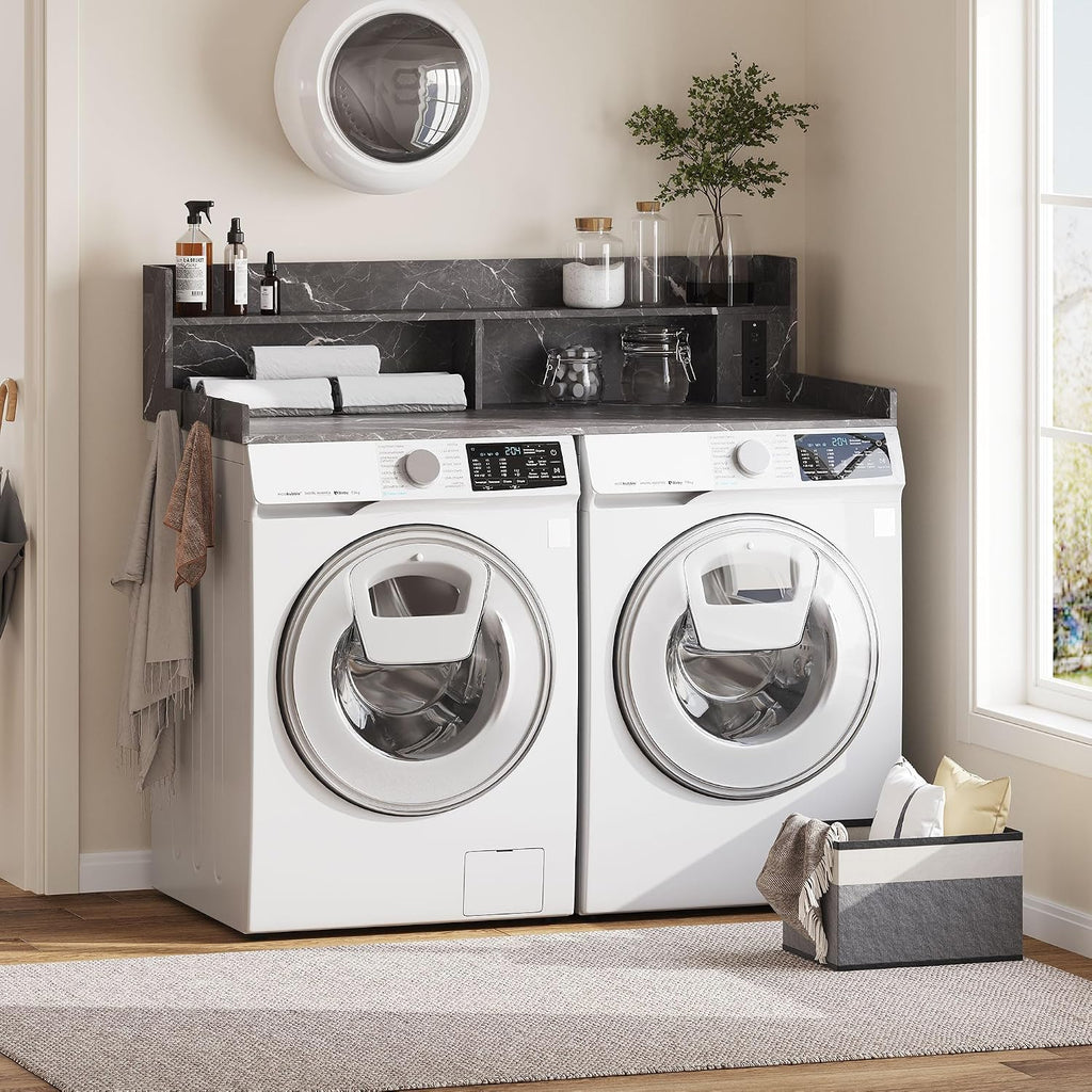Upgraded 2-Tier Washer and Dryer Countertop with Power Outlet,54' W x 27.6' D Large Laundry Countertop for Fold Clothes, Laundry Topper with Non-Slip Pads & Metal Hooks and Storage Basket