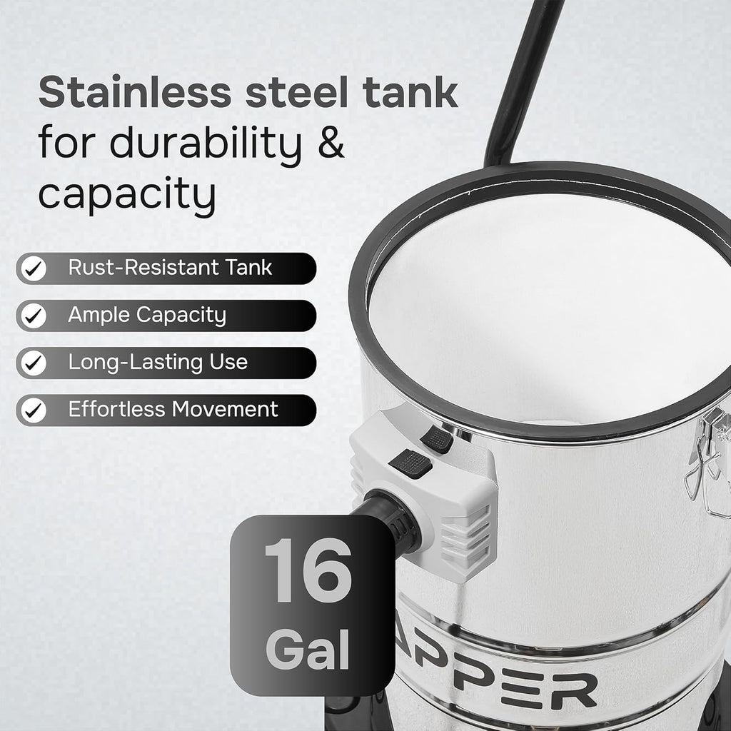 Dapper Supply 16 Gallon 4.5 Peak HP Wet/Dry Vacuum, Stainless Steel Tank, 3 in 1 Function Portable Shop Vacuum with Attachments, Ideal for Jobsite, Garage & Workshop.
