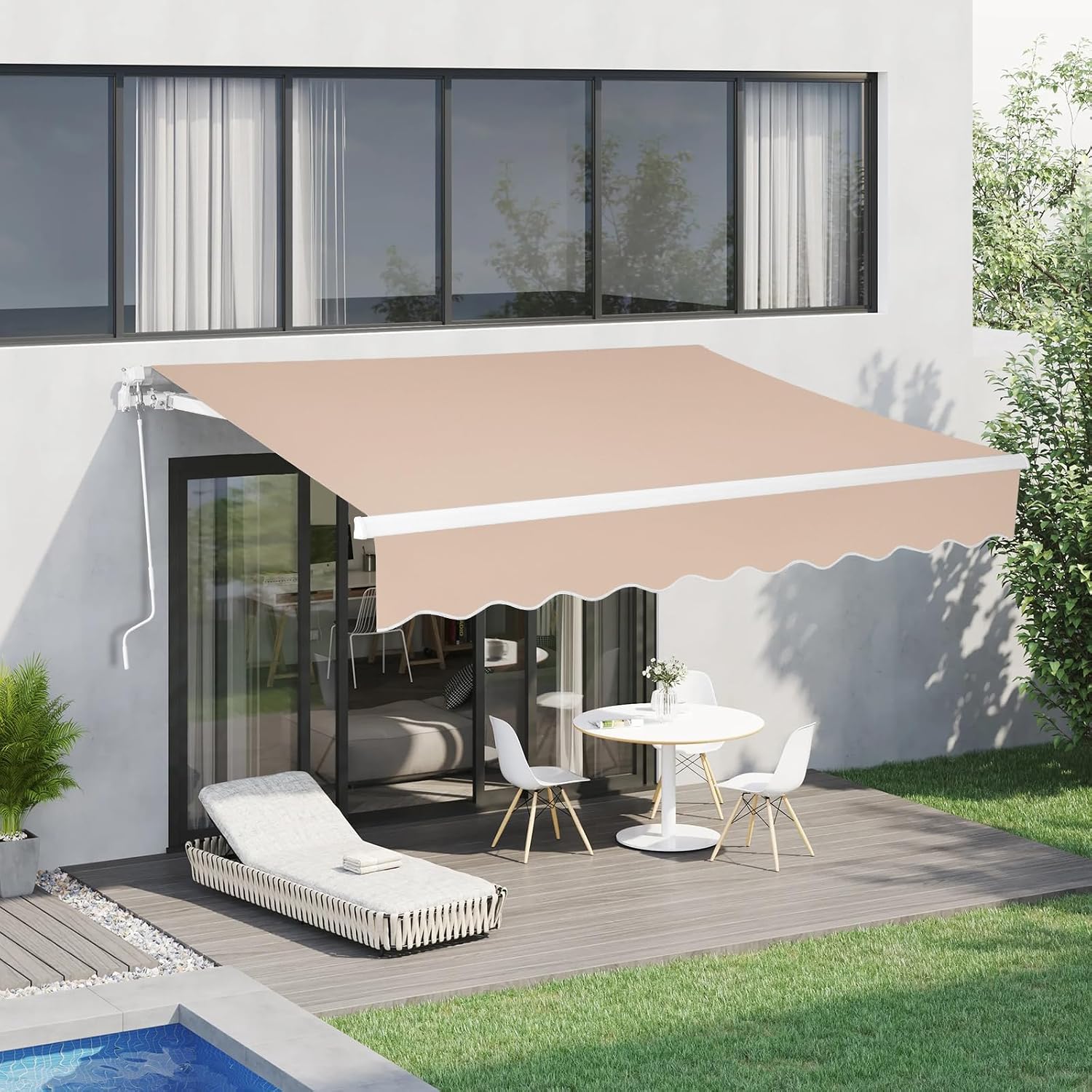 VINGLI 12' x 10 ' Retractable Awning for Patio Awning Door Awning with Manual Crank Handle, Aluminum Frame Door Canopy UV Resistant (Beige)