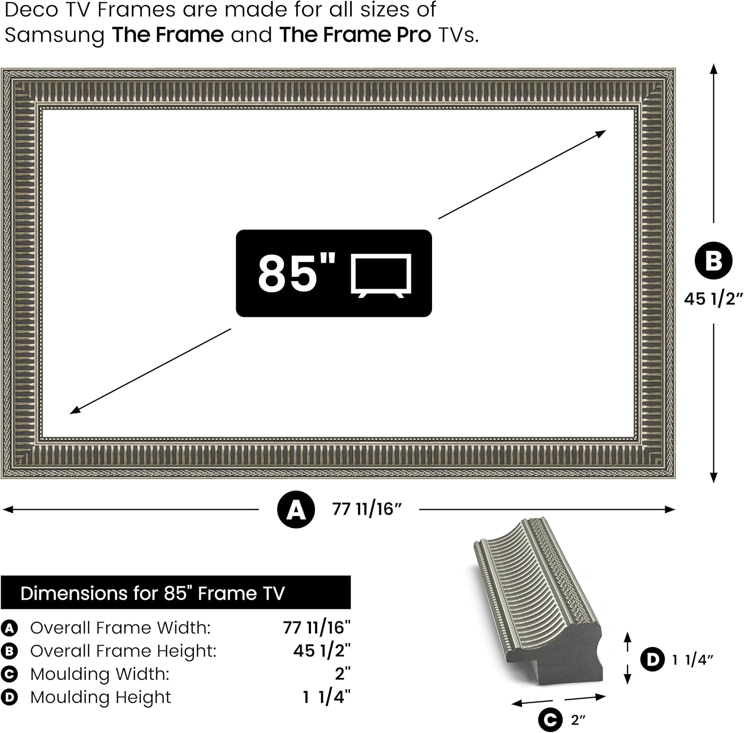 Empire Silver 85' Slim Deco TV Frame - Compatible ONLY with Samsung The Frame TV and Pro TVs (Fits 2021-2026, LS03A, LS03B,LS03C,LS03D,LS03FA,LS03FW)