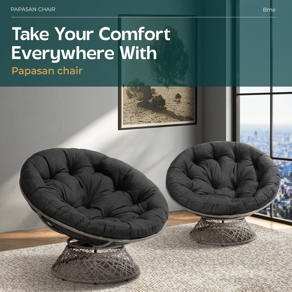 Bme 46' Large Size Ergonomic Wicker Papasan Chair with Soft Thick Density Fabric Cushion, Bee-Designed Base, High Capacity Steel Frame, 360 Degree Swivel for Living, Bedroom,...