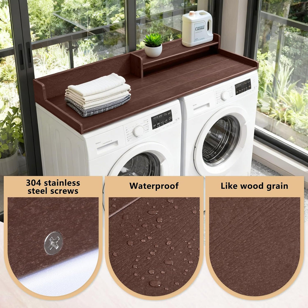 Washer and Dryer Countertop with Shelf, HDPE 2-Tier Laundry Countertop, 54' Wide Laundry Machine Topper with 2 Hooks & Non-Slip Pads for Laundry Room Organization and Folding Clothes (Brown)