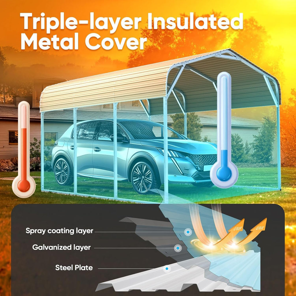Quictent 10x15 ft Metal Roof Carport Kits Hard Top Garage Heavy Duty Steel Car Canopy with Reinforced Triangle Structure, White