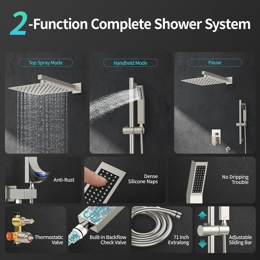 SR SUN RISE 12 Inch Square Shower System, Rain Shower Head and Slide Bar Handheld Shower Faucet Wall Mounted Combo Set Included Valve and Trim Kit for Bathroom, Brushed Nickel