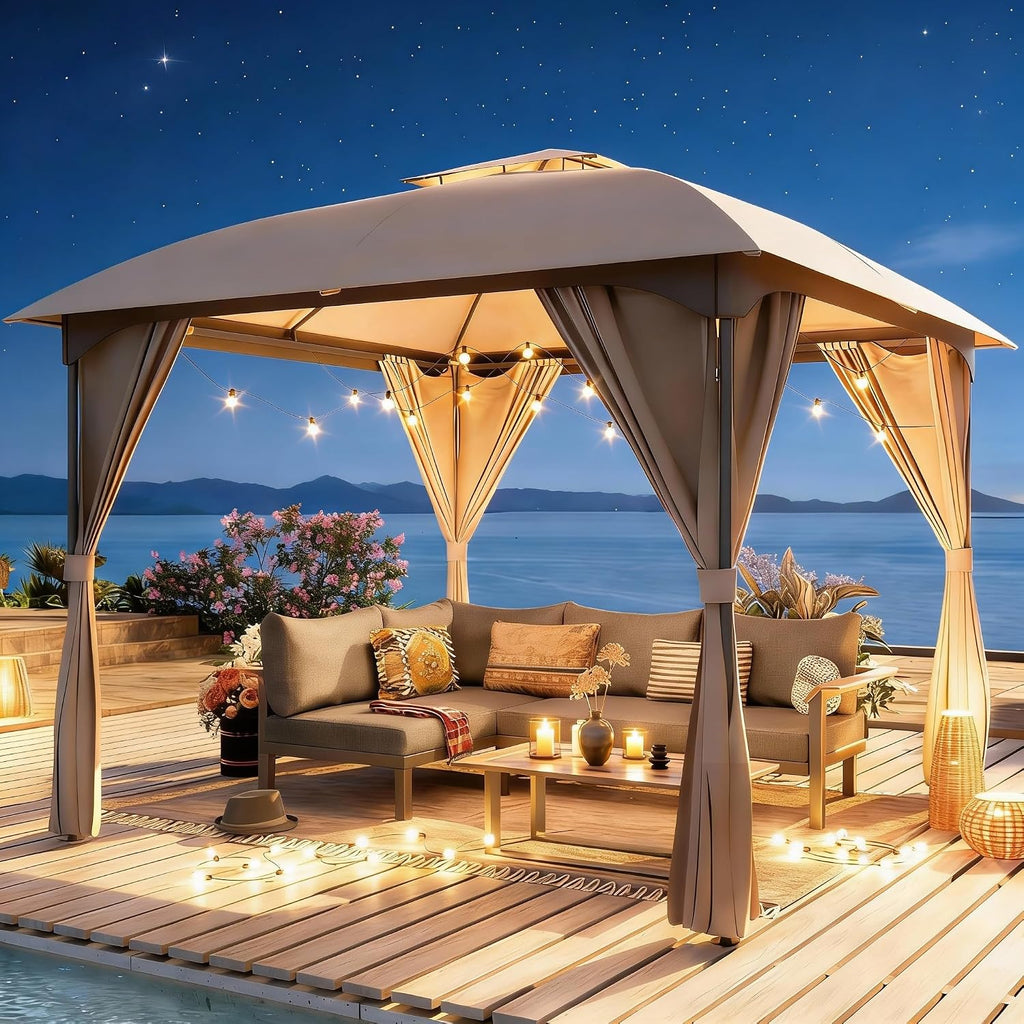 LAUSAINT HOME 10x10 Patio Arc Gazebo Outdoor Canopy Tent with Curtains, Soft Top Party Shelter with Expansion Bolts and Wind-Resistant Ropes for Backyard, Garden, Lawn, Deck, Khaki
