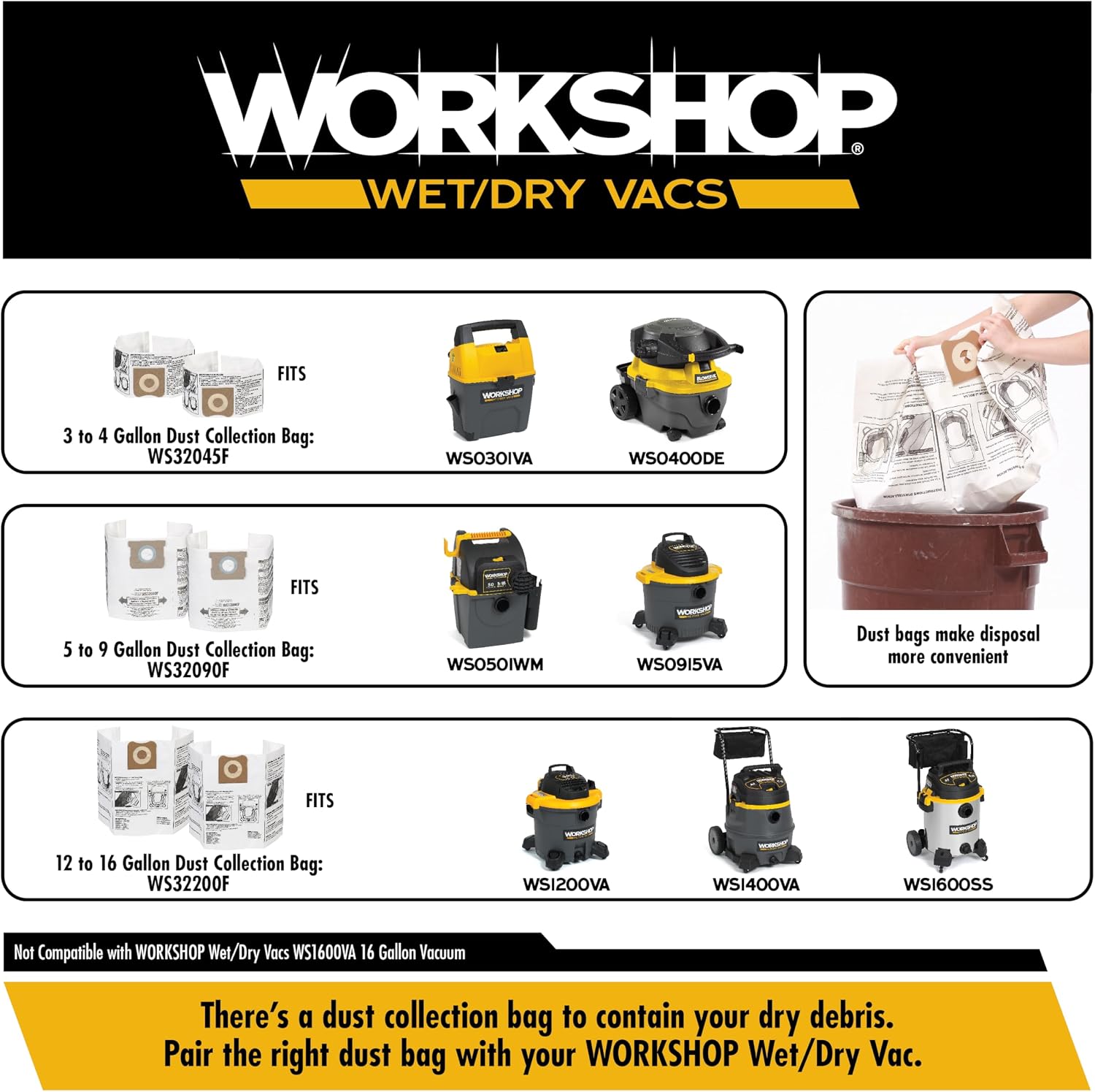 WORKSHOP Wet/Dry Vacs Shop Vacuum WS1600SS 16-Gallon 6.5 Peak HP Stainless Steel Wet Dry Vacuum Cleaner with Filter, Dust Bag, Hose, Attachments and Cart for Heavy Duty Professional Cleaning