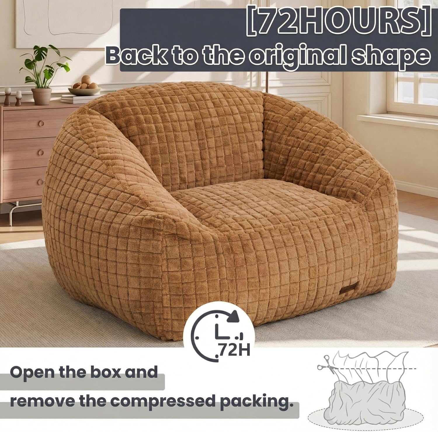 Bean Bag Chairs for Adults, Giant Beanbag Sofa Comfy Reading Chair, Oversized Bean Bag Chairs for Living Room Bedroom, Soft Faux Fur Fabric, 3.2FT, Khaki, Checkered