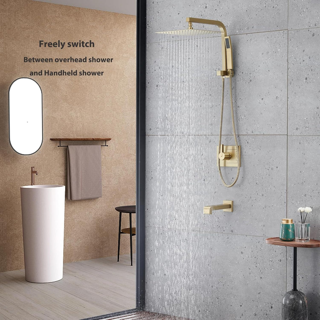 SOOOHOT Brushed Gold Shower Fixtures, Gold Shower Faucet Set with 12 Inch Gold Shower Heads with Handheld Spray Combo and Tub Spout, Shower Systems with Rain Shower and Handheld (Valve Included)
