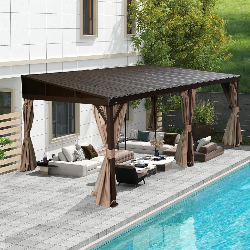 Domi 12' x 20' Lean to Gazebo with Aluminum Frame, Wall Mounted Gazebo Hardtop Galvanized Steel Sloping Roof with Curtains and Netting for Patio Deck Backyard Lawn Party