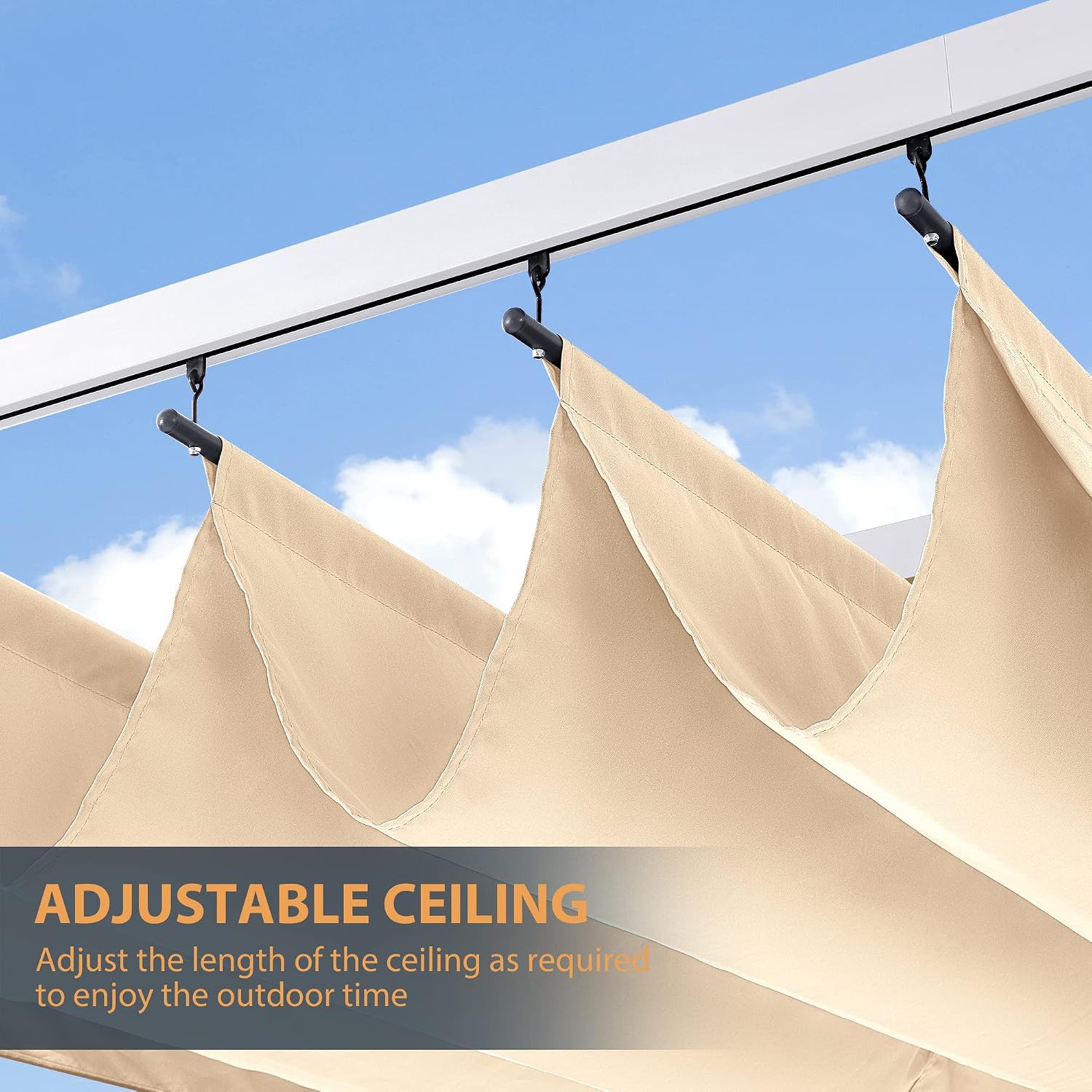 HAPPATIO 10' X 13' Pergola Retractable Canopy with White Frame for Backyards, Gardens, Patios, Outdoor Pergola with Sun Shade Canopy (Beige)