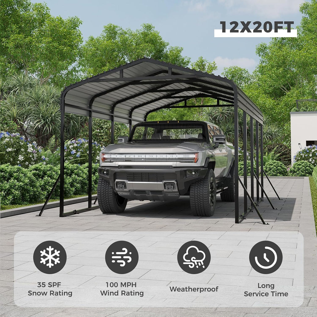 12x20 FT Metal Carport, Garage with Updated Frame Structure, Galvanized Steel Roof and Enhanced Base Canopy, Metal Garage Car Shelter Shade for Car, Boats and Truck